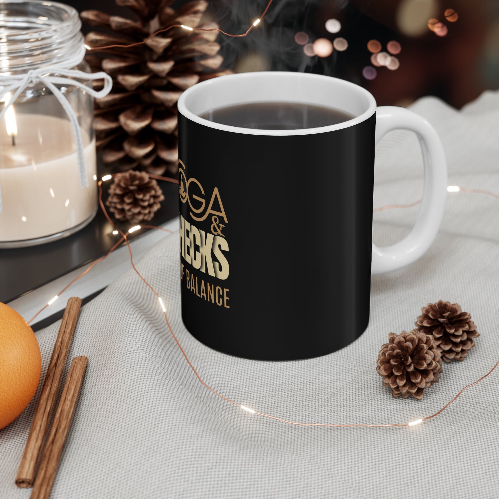 Yoga and paychecks mug - hot coffee