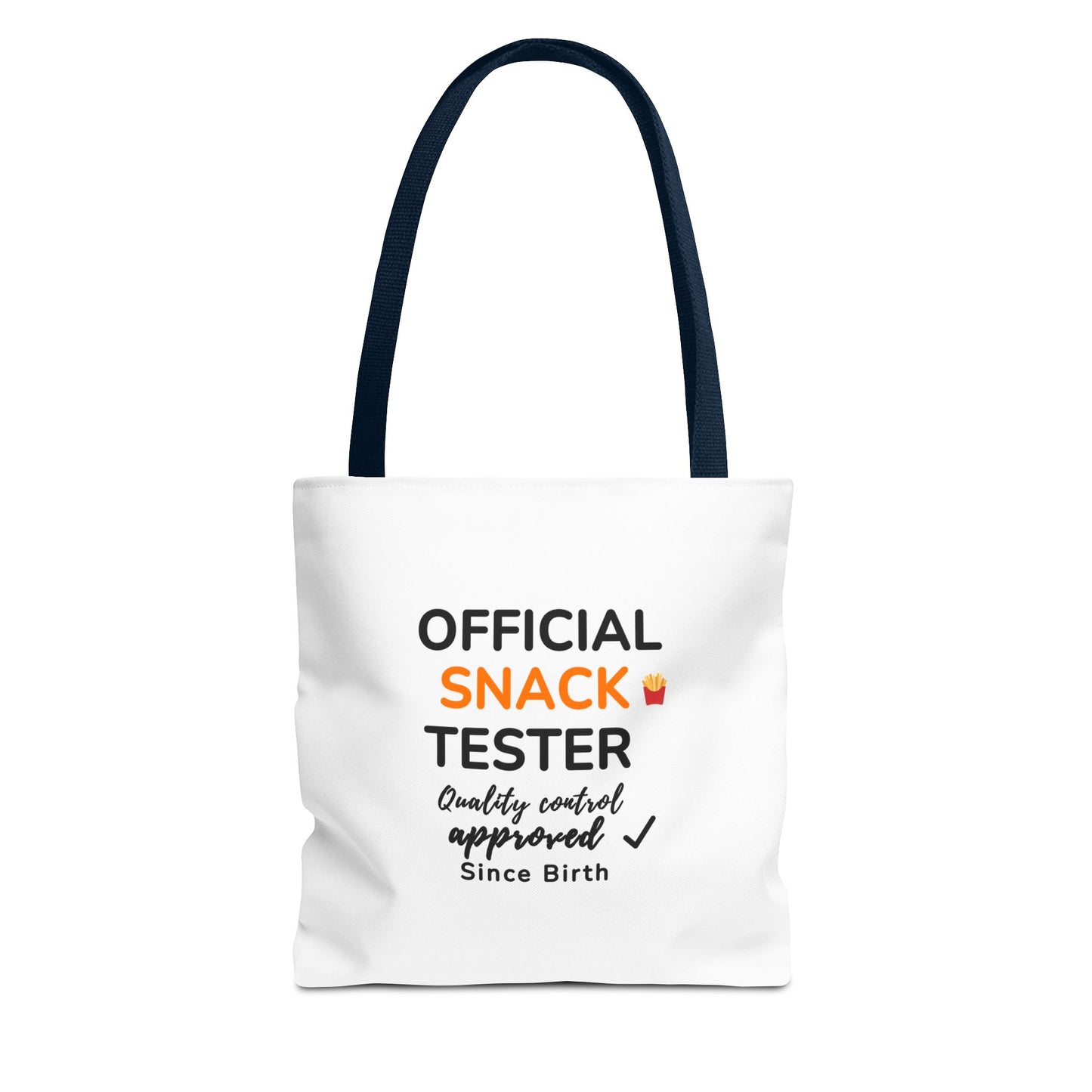White tote bag with navy handles and text 'Official Snack Tester – Quality Control Approved – Since Birth' on a white background