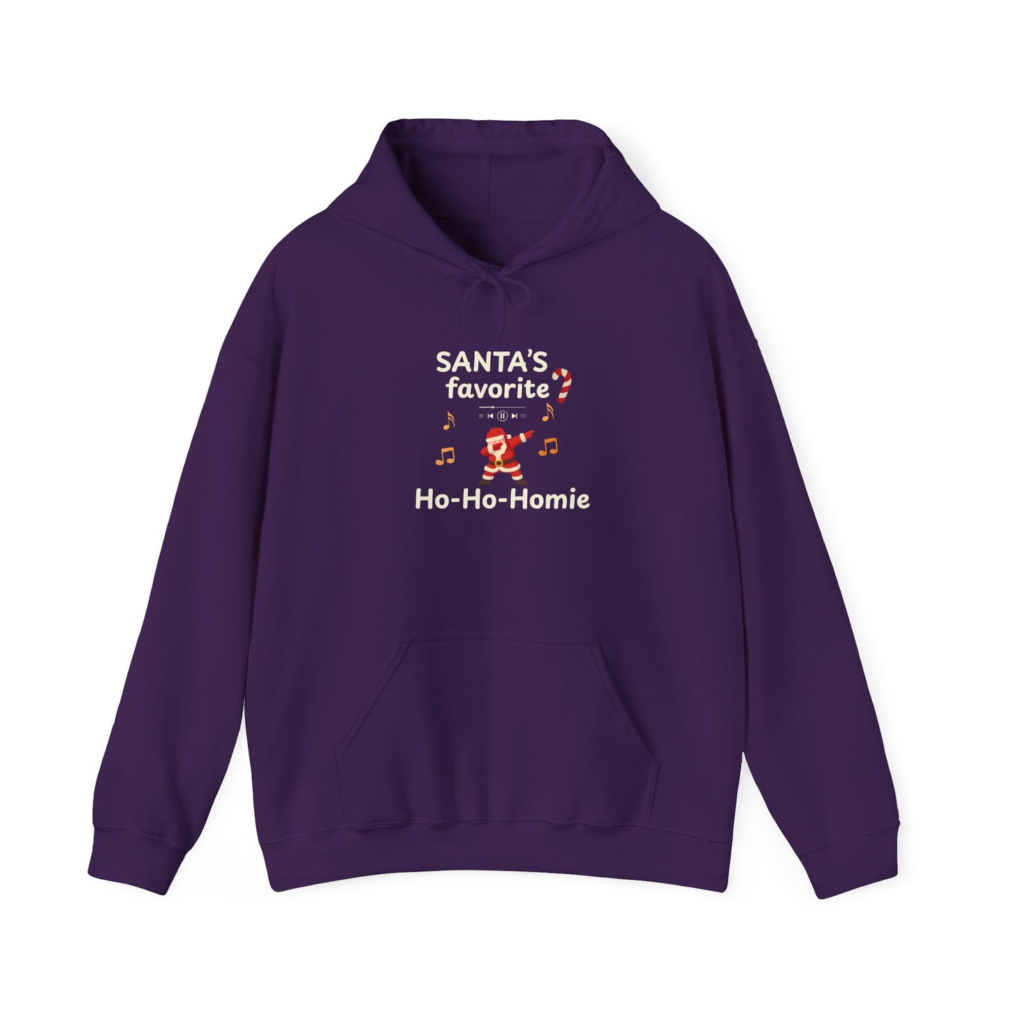 Purple hoodie featuring the text 'Santa's Favorite Ho-Ho-Homie' and graphics on a white background