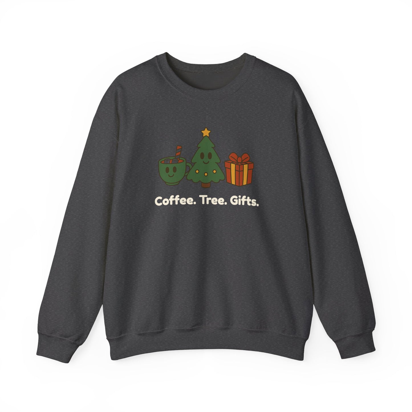 Dark gray sweatshirt with Christmas-themed graphics and text on a white background