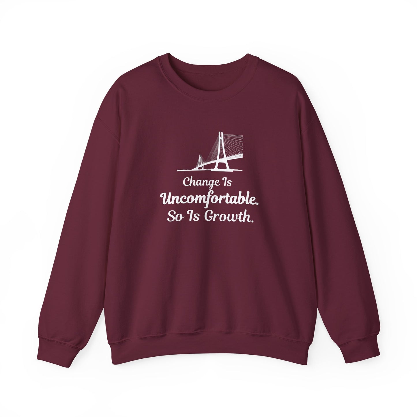 Maroon sweatshirt with text 'Change Is Uncomfortable. So Is Growth' and graphic on a white background