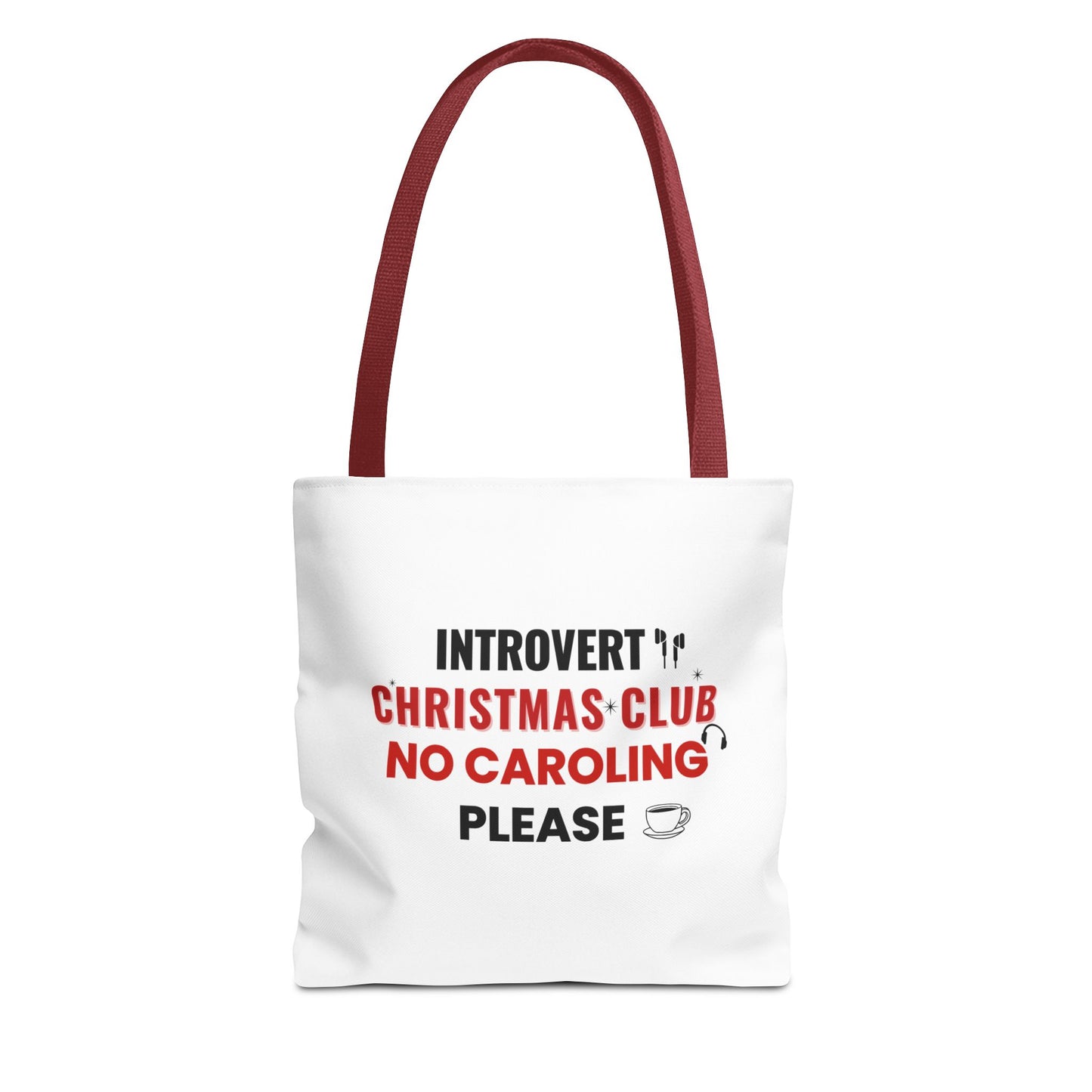 Tote bag with red handle and text 'Introvert Christmas Club No Caroling Please' on a white background