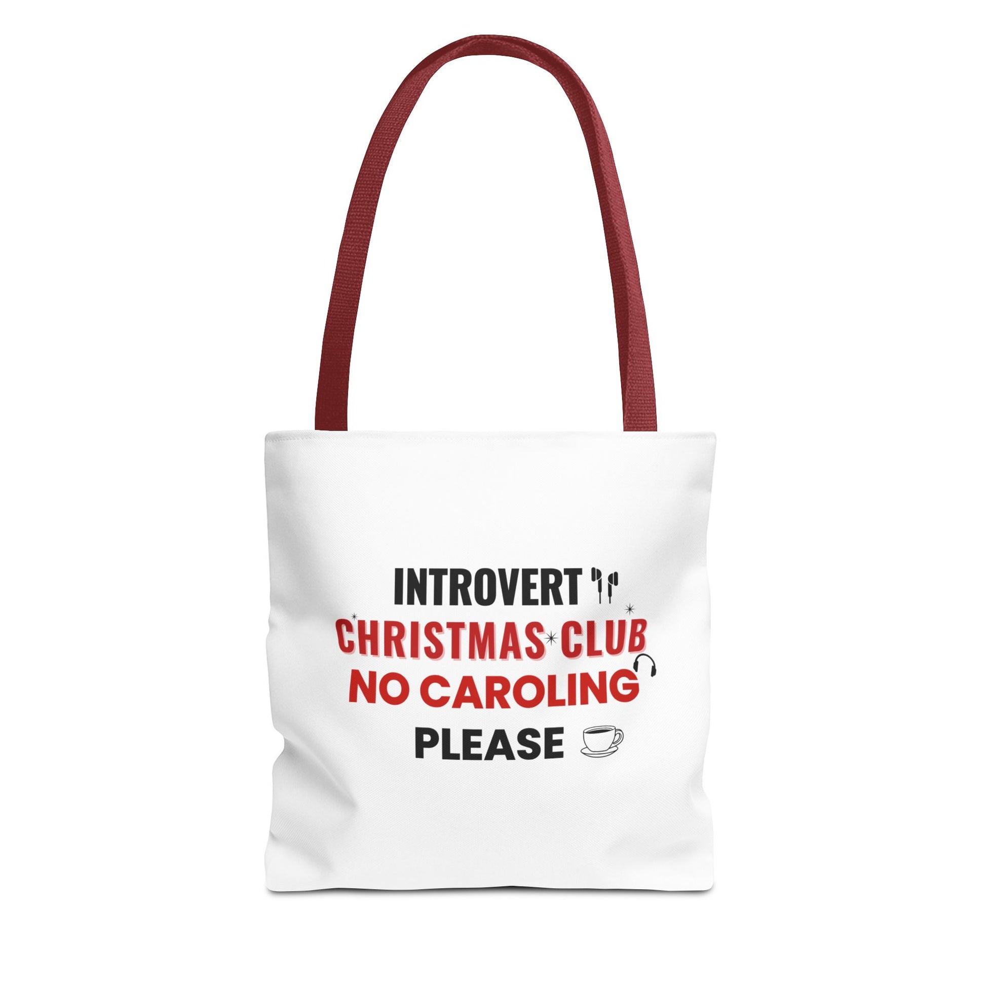 Tote bag with red handle and text 'Introvert Christmas Club No Caroling Please' on a white background