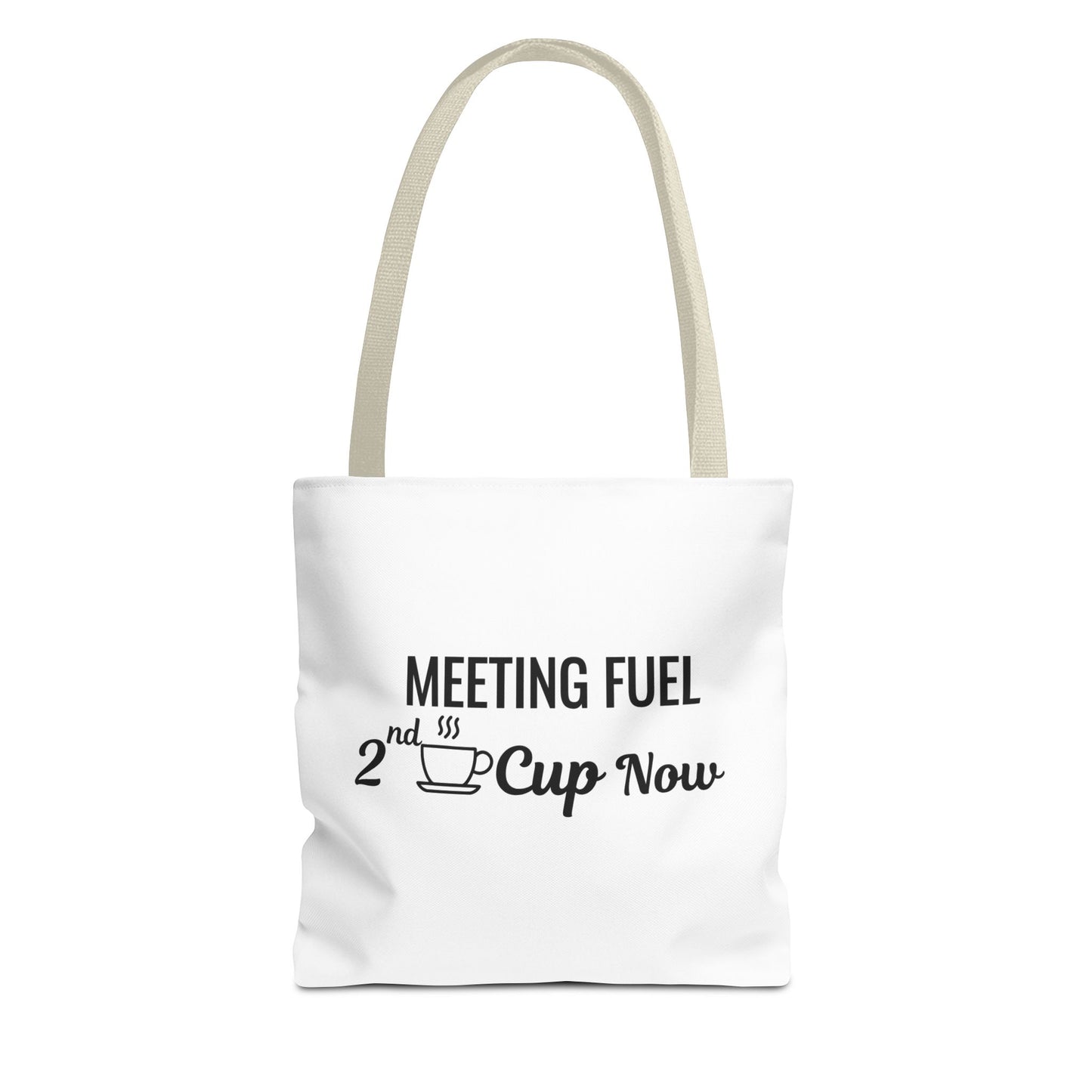 White tote bag with beige handles and text 'Meeting Fuel: 2nd Cup Now' on a white background