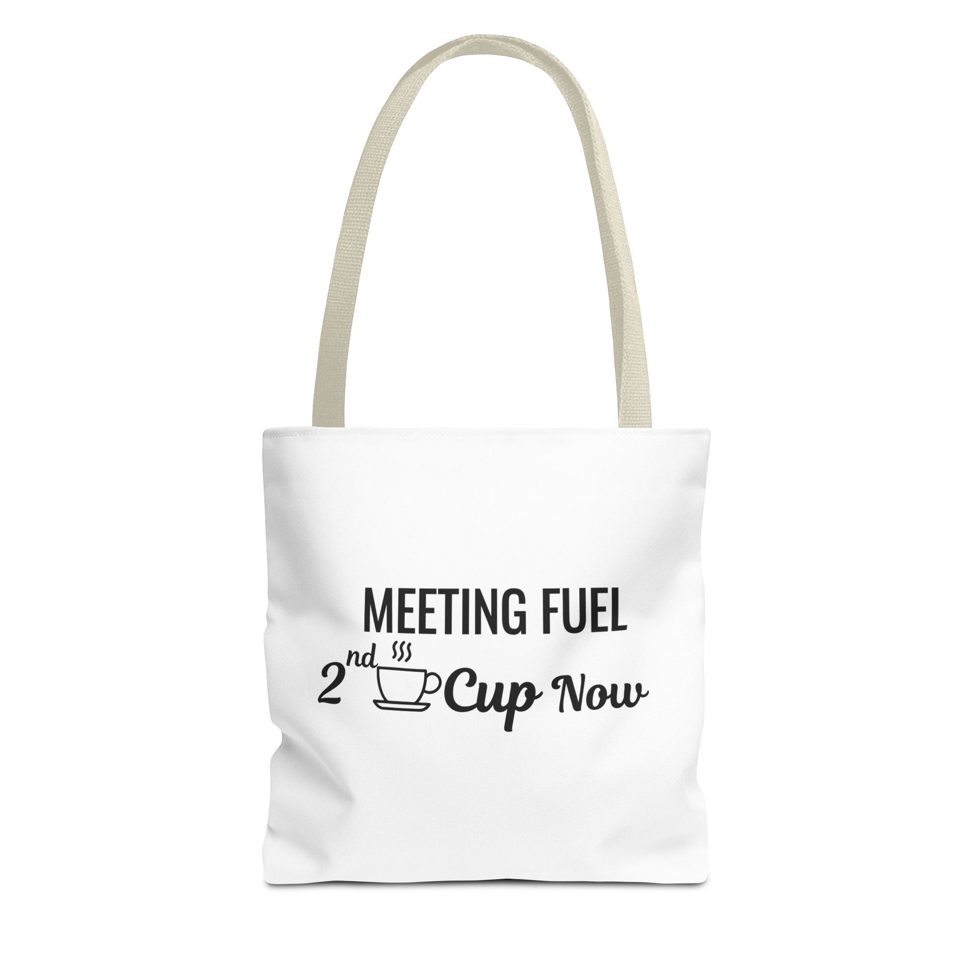 White tote bag with beige handles and text 'Meeting Fuel: 2nd Cup Now' on a white background