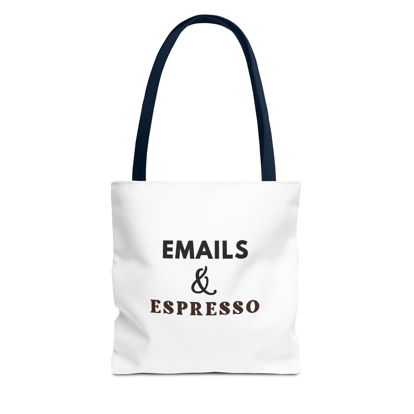 White tote bag with navy handles and text 'EMAILS & ESPRESSO' on a white background