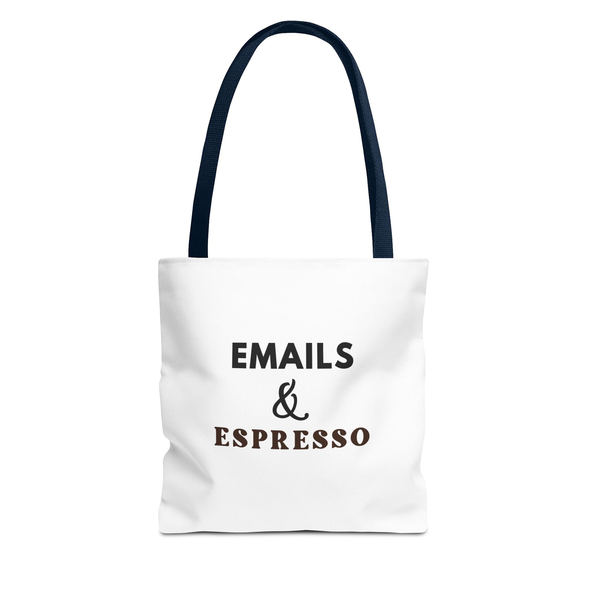 White tote bag with navy handles and text 'EMAILS & ESPRESSO' on a white background