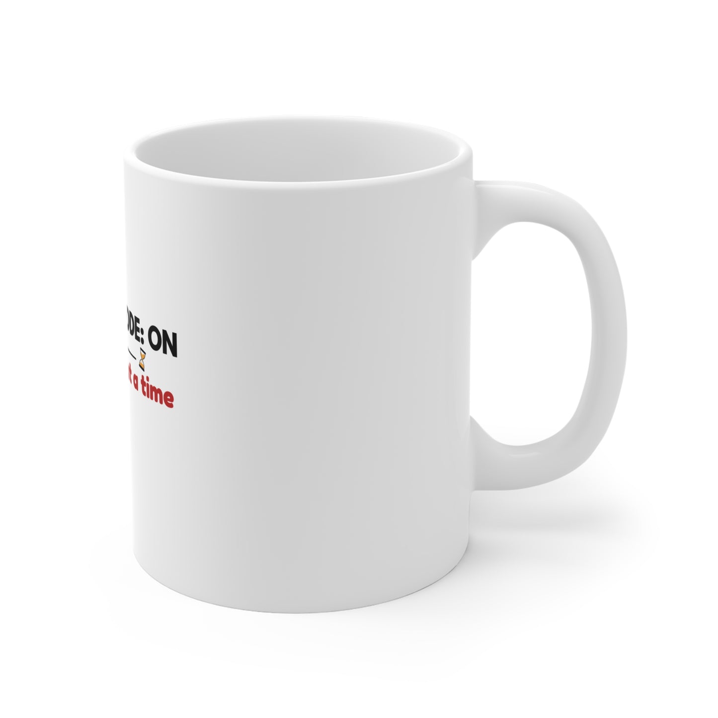 Right side of white mug with text 'Prepping Mode: On One activity at a time' on a white background