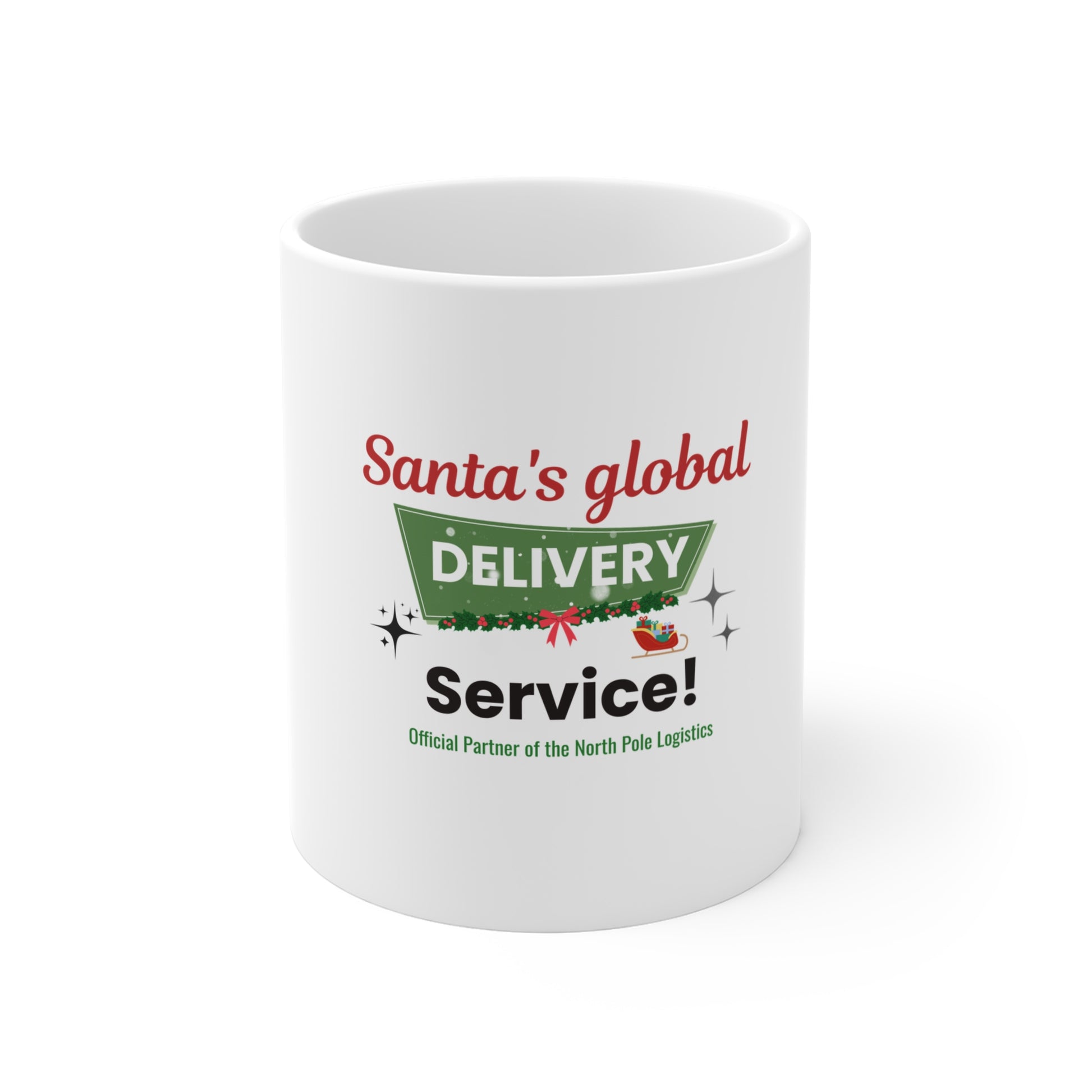 White mug with 'Santa's Global Delivery Service.' text and graphics on a white background