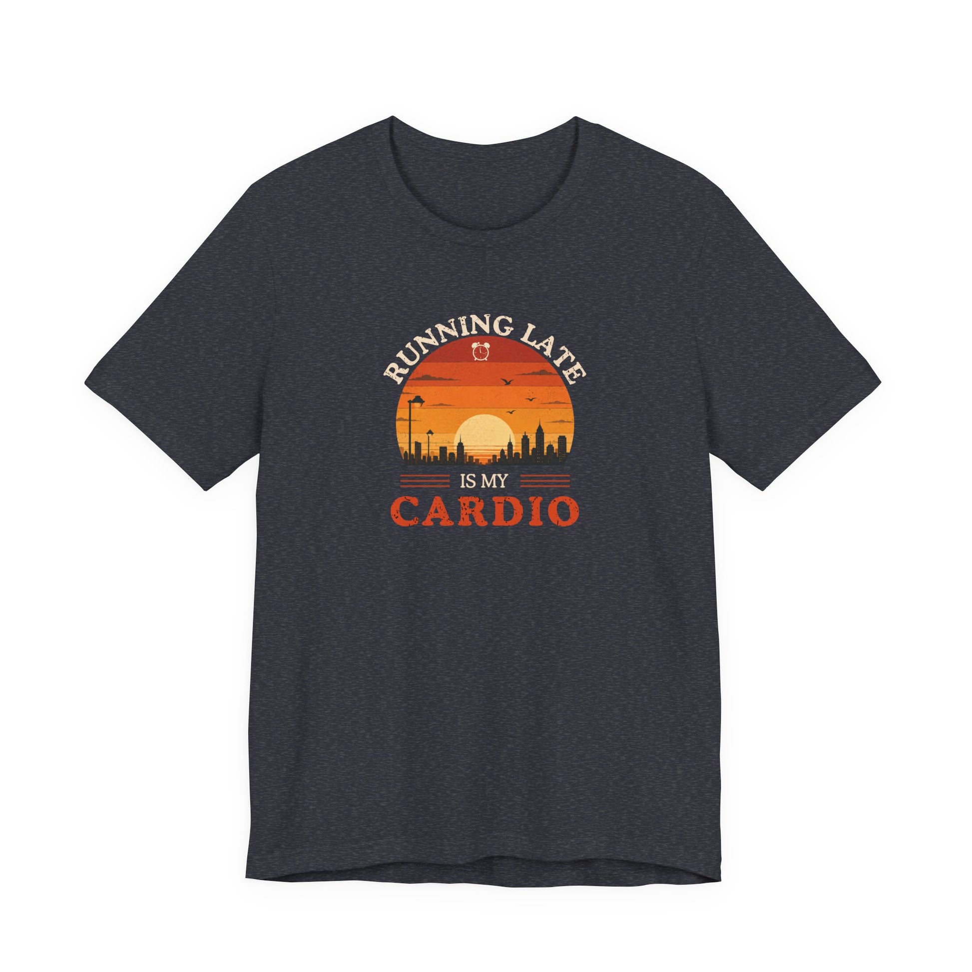 Heather navy t-shirt with text 'Running late is my cardio' on a white background