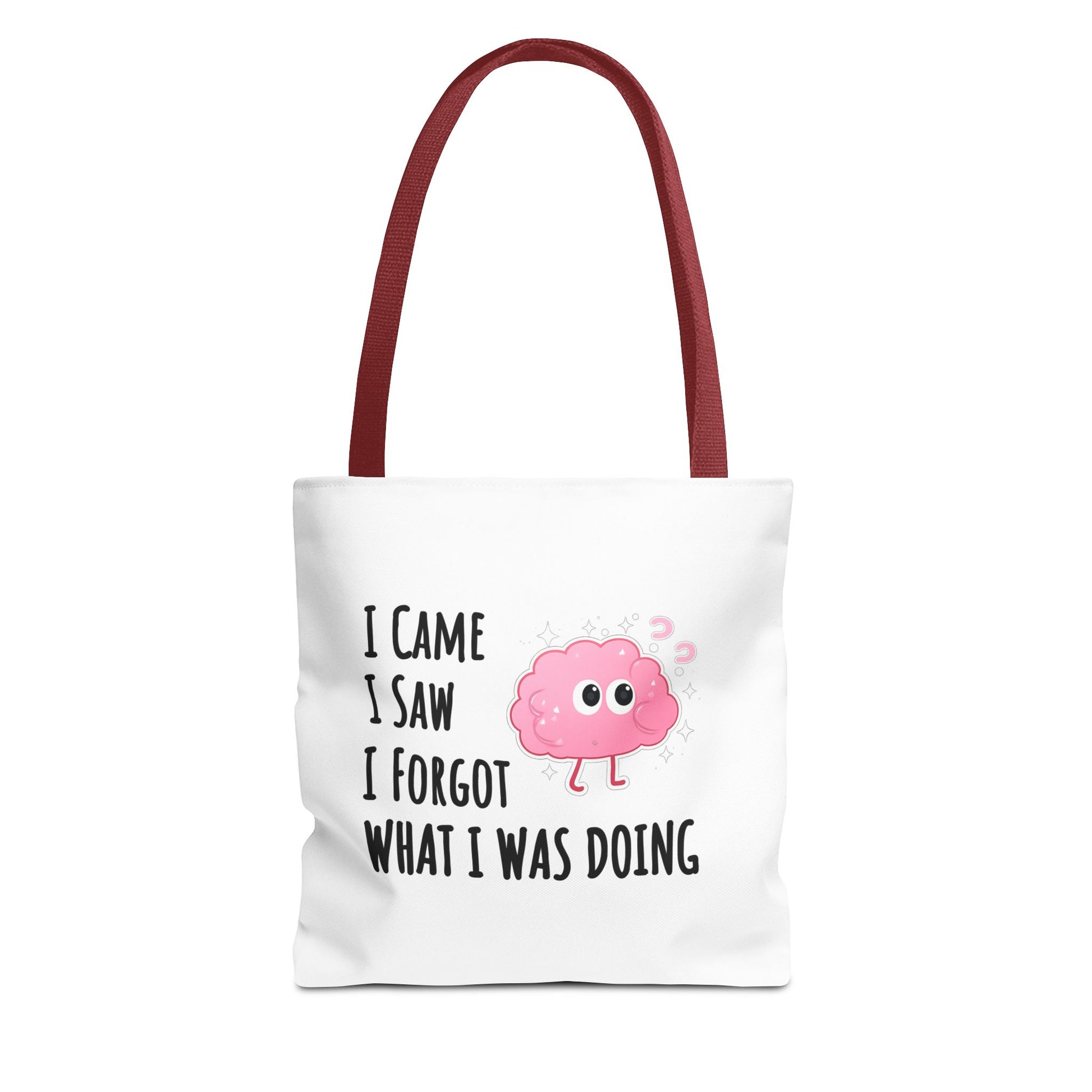 Tote bag with red handle and humorous text 'I came, I saw, I forgot what I was doing' on a white background