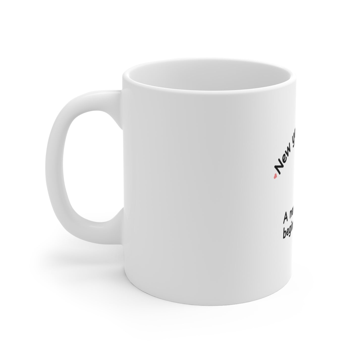 Left side of white mug featuring the text 'New year, new baby. A new adventure begins...' on white background