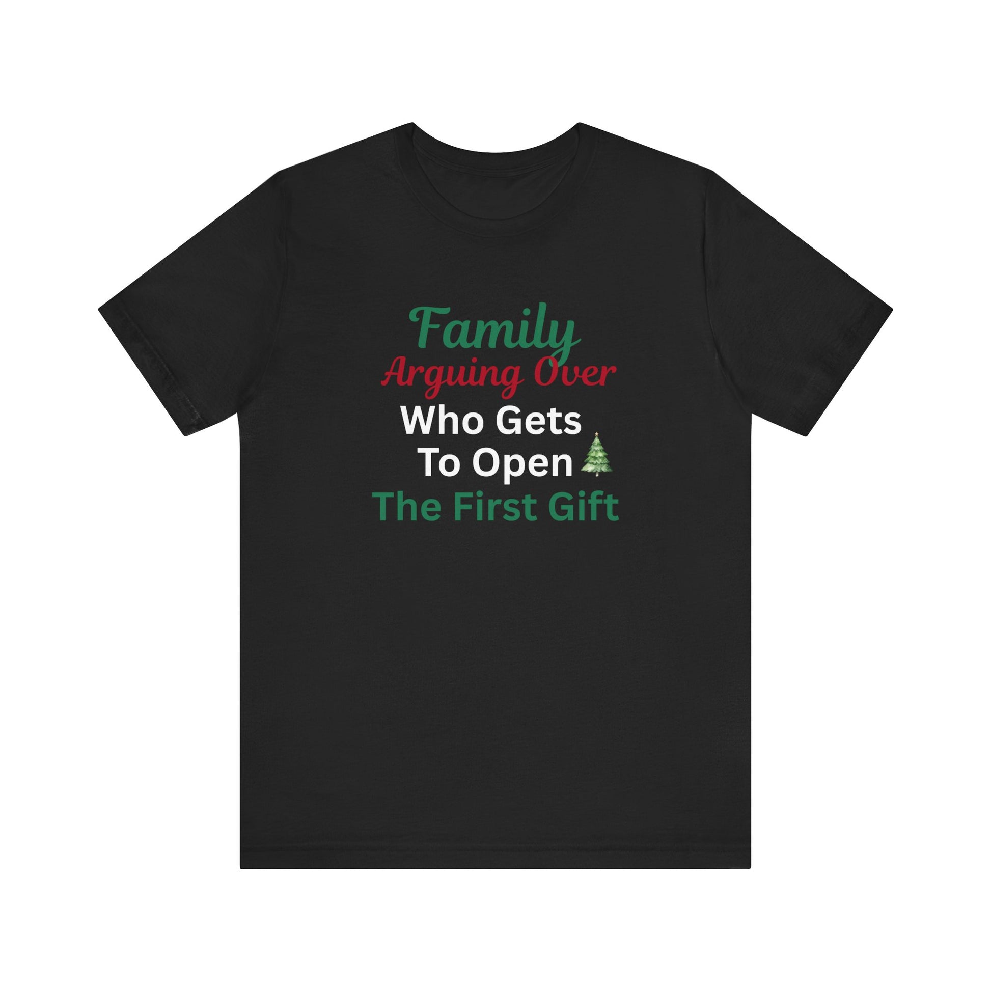 Black t-shirt with humorous text design on a white background