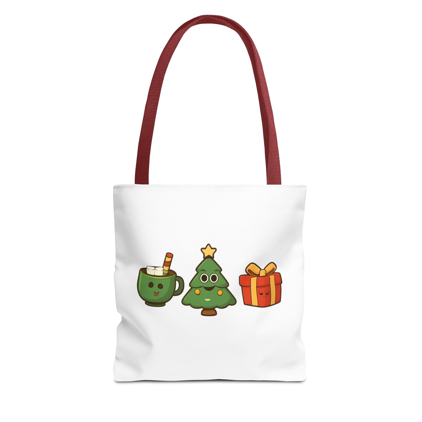 Tote bag with red handle and Christmas-themed illustrations on a white background