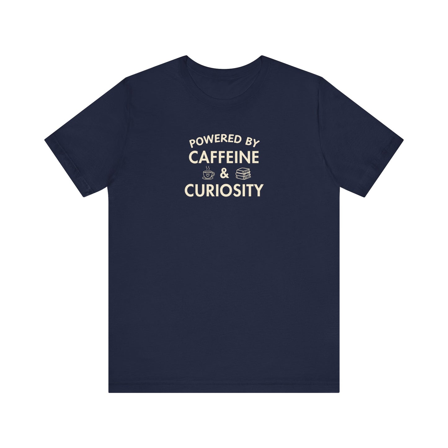 Navy t-shirt with text 'Powered by Caffeine & Curiosity' on a white background