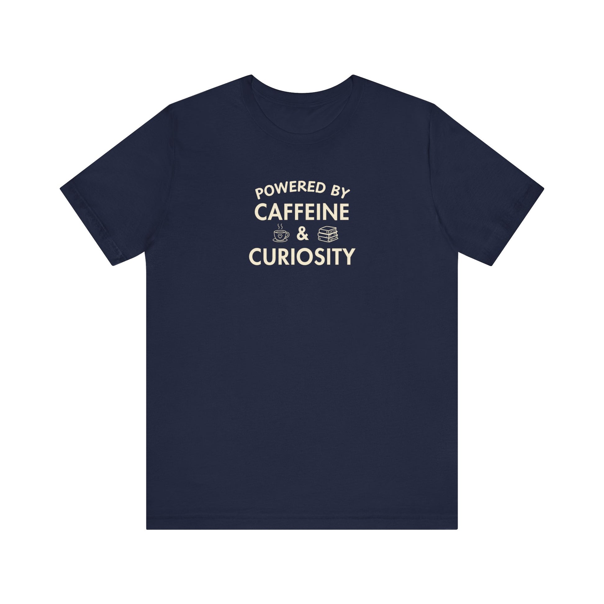 Navy t-shirt with text 'Powered by Caffeine & Curiosity' on a white background