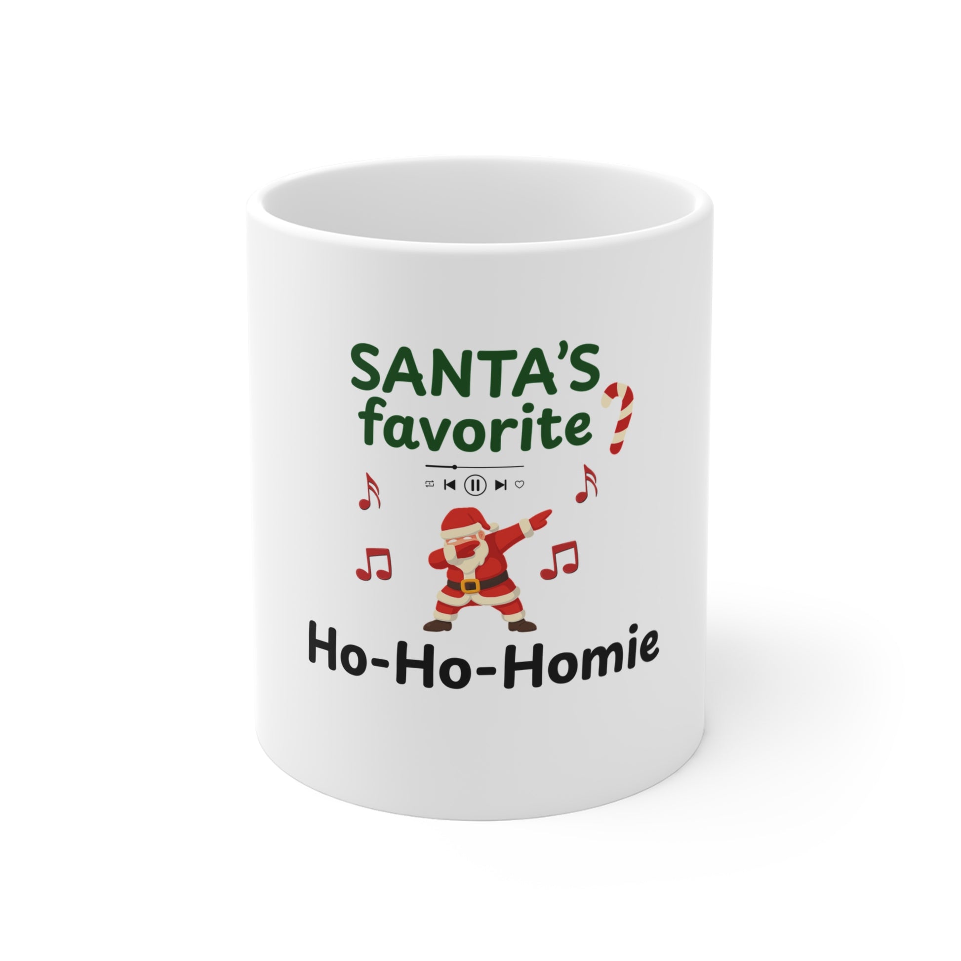 White mug with Christmas-themed text and graphics on a white background