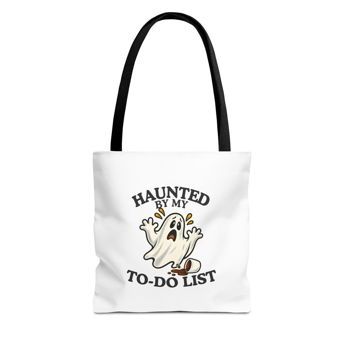 A white tote bag with black handles featuring a “Haunted by My To-Do List” funny ghost