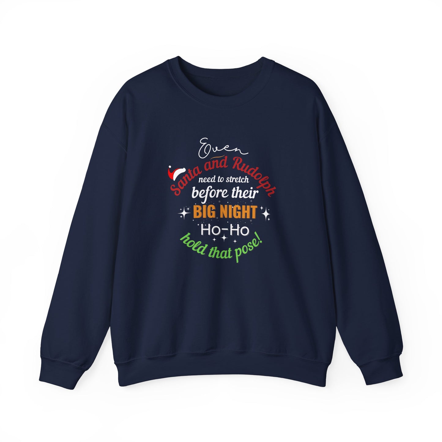 Navy blue sweatshirt with festive text design on a white background