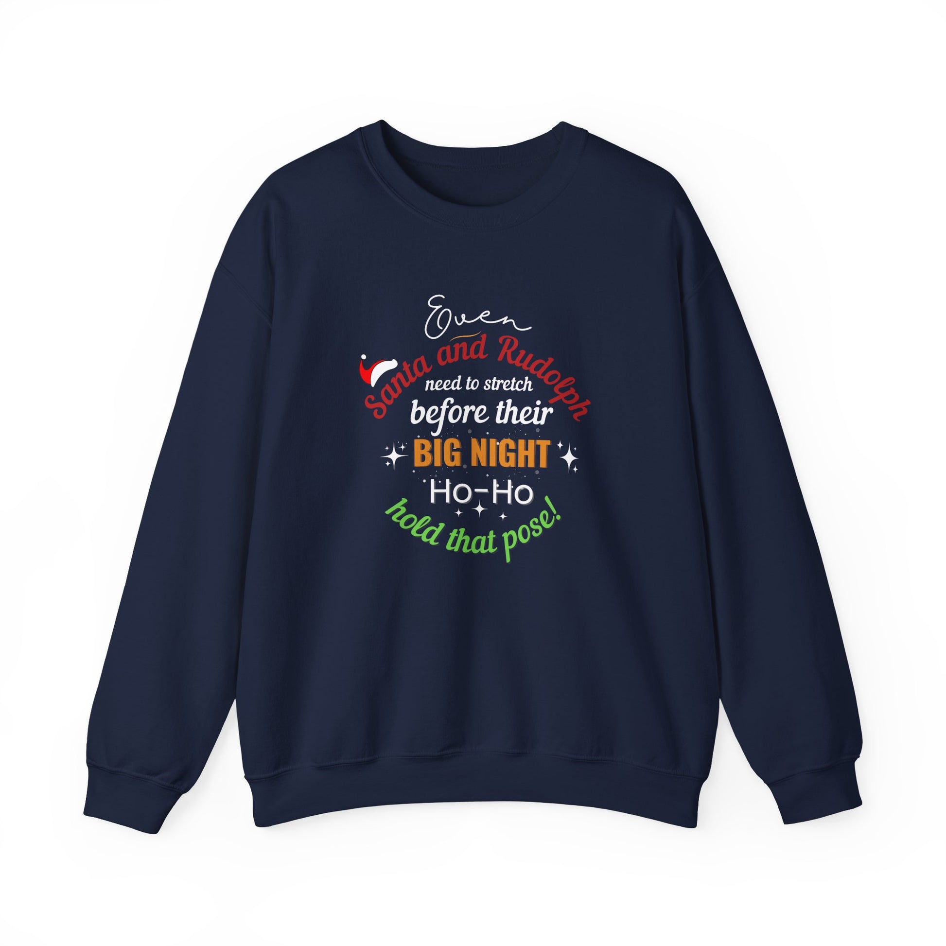 Navy blue sweatshirt with festive text design on a white background