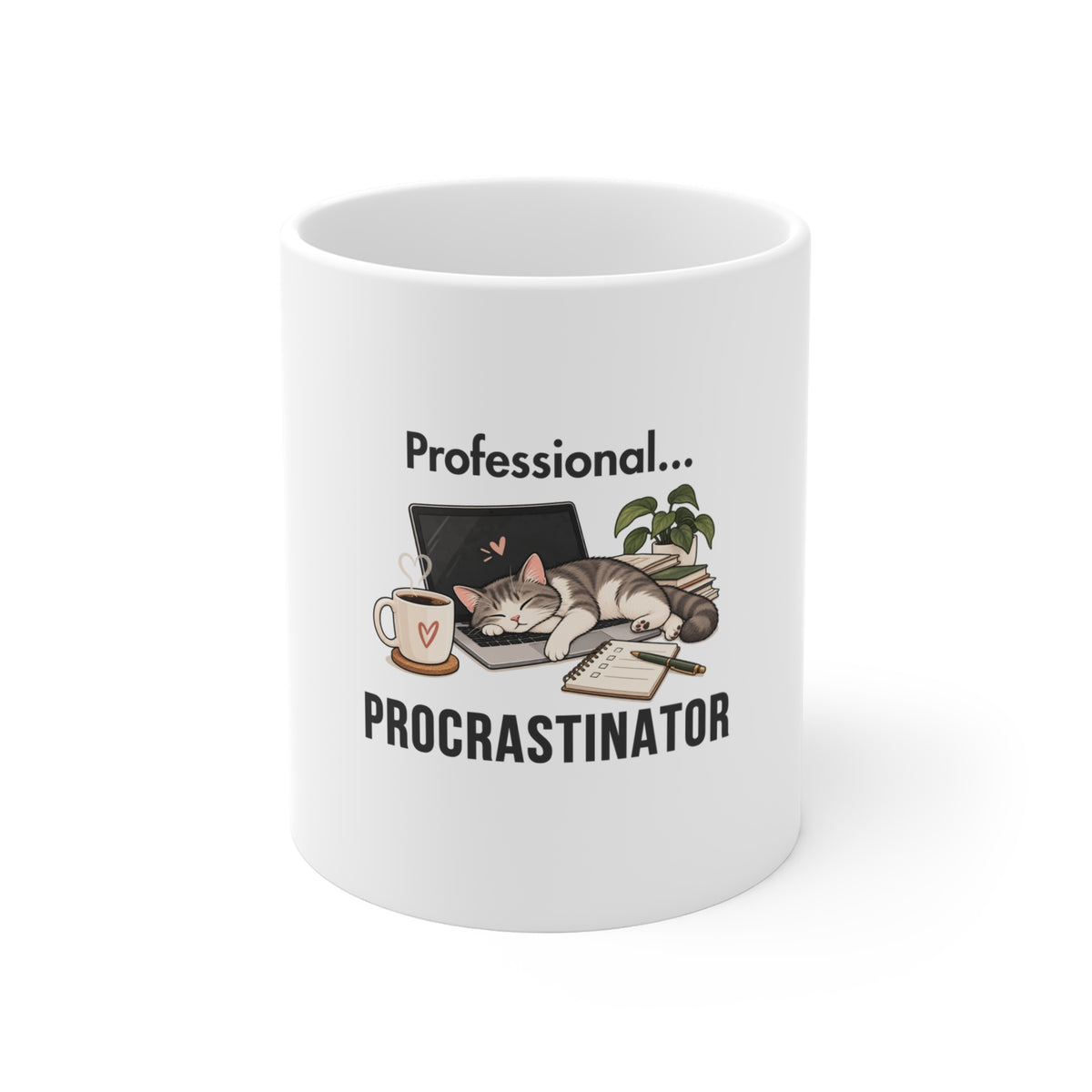 A white ceramic mug featuring the text 'Professional Procrastinator'