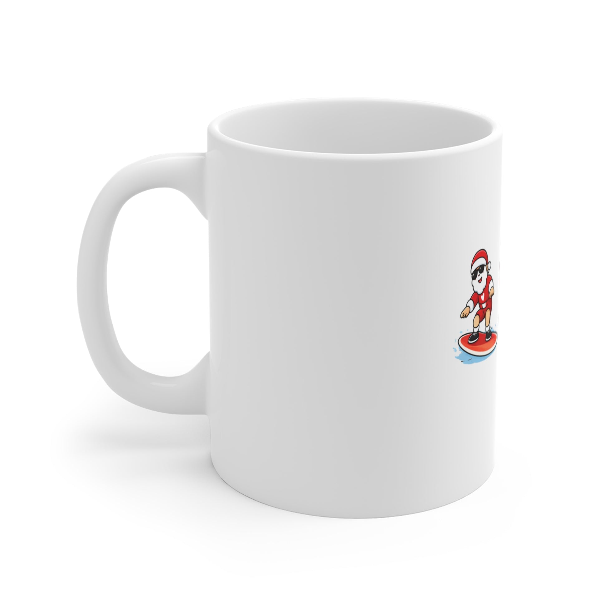Left side of white mug with a small graphic of a person in a red outfit on a white background