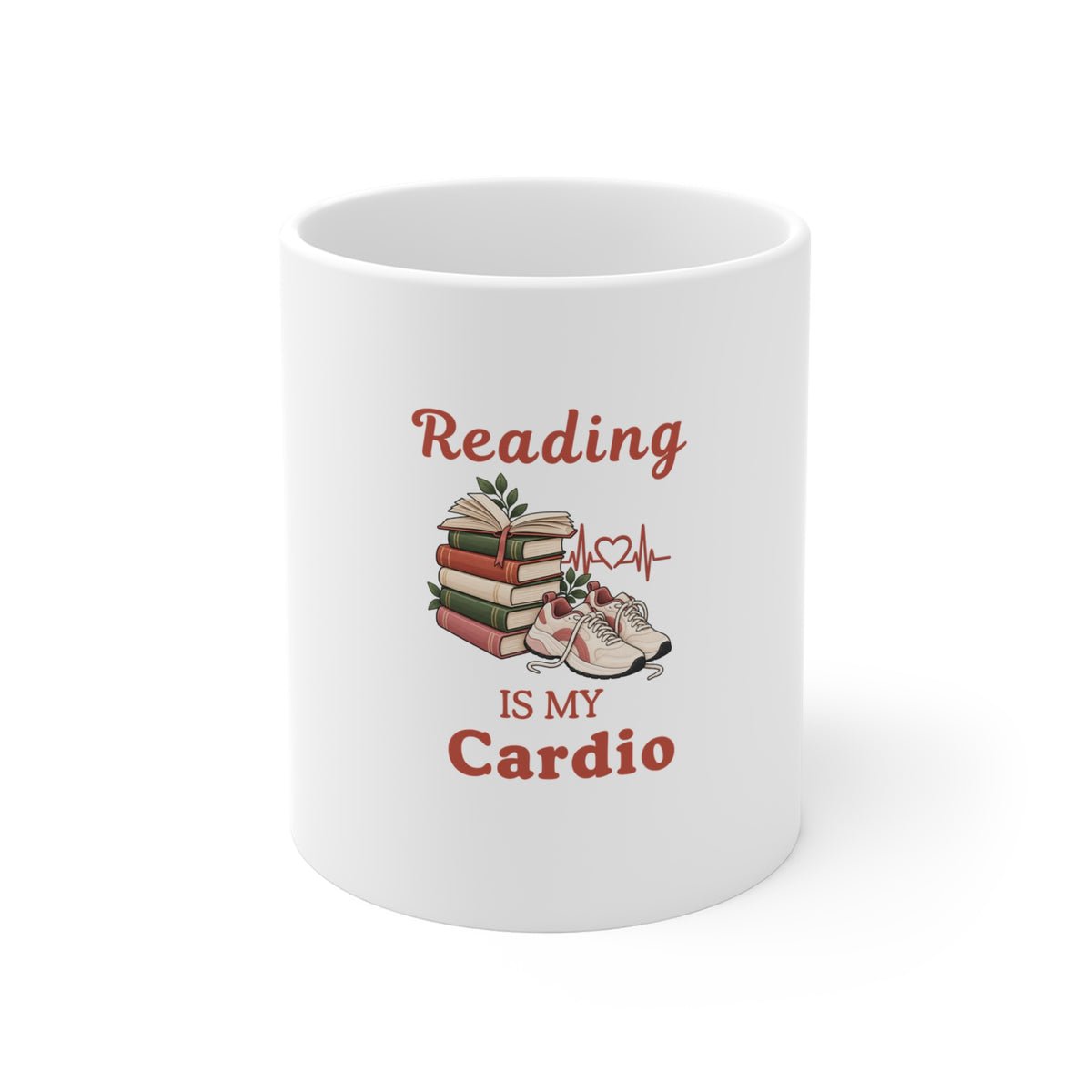 A white ceramic mug that reads 'Reading IS MY Cardio' against on a white background