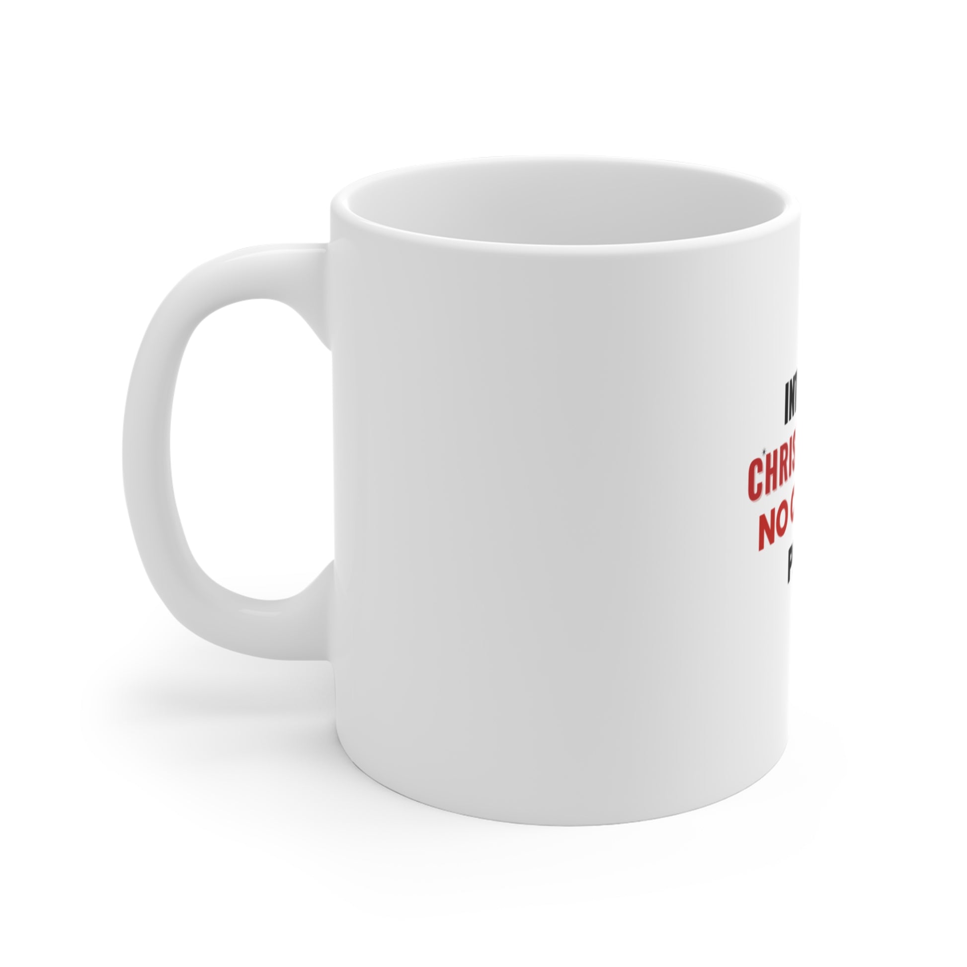Left side view of white mug with text 'Introvert Christmas Club, No Caroling Please' on a white background