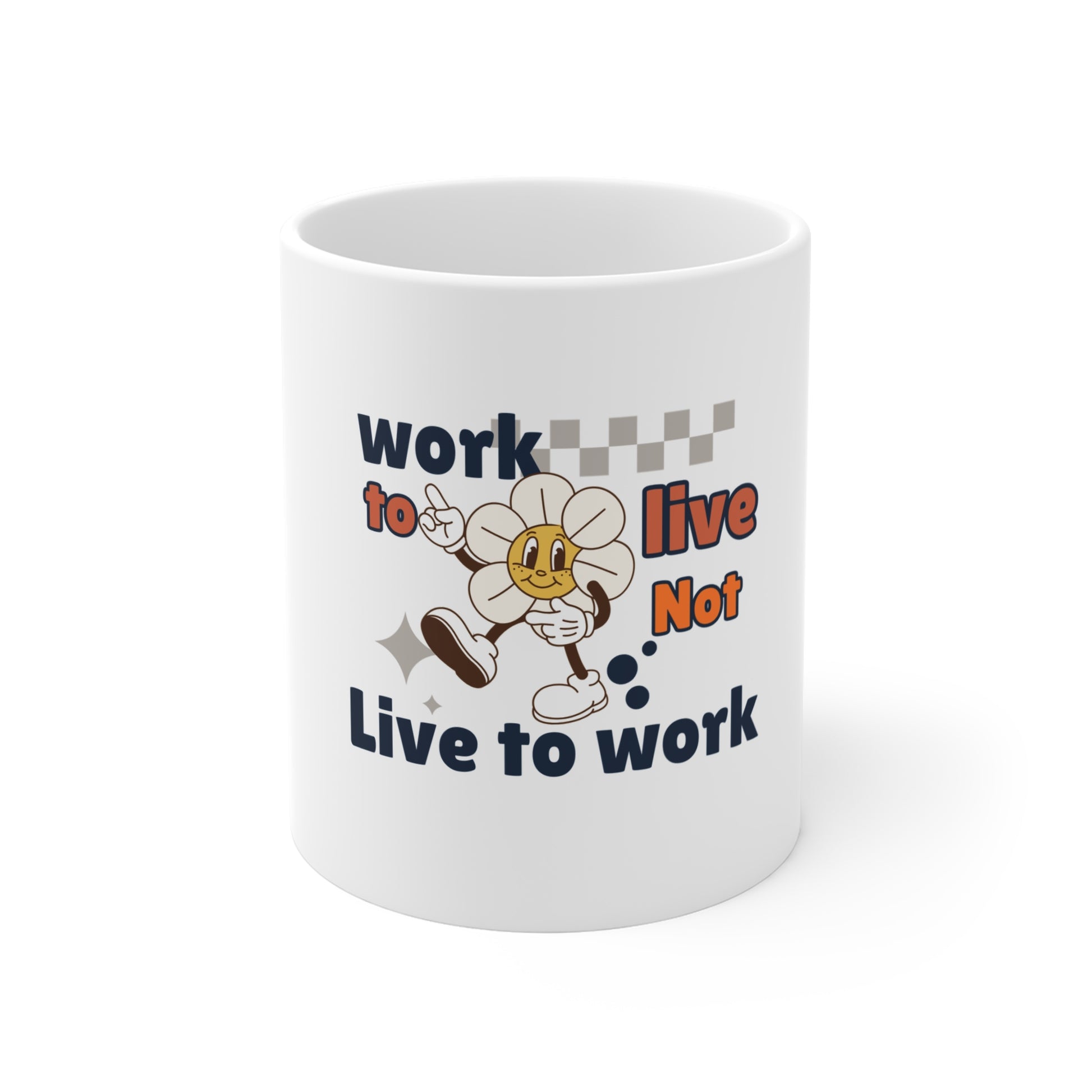 White mug with a cartoon character and text 'Work to Live, Not Live to Work' on a white background