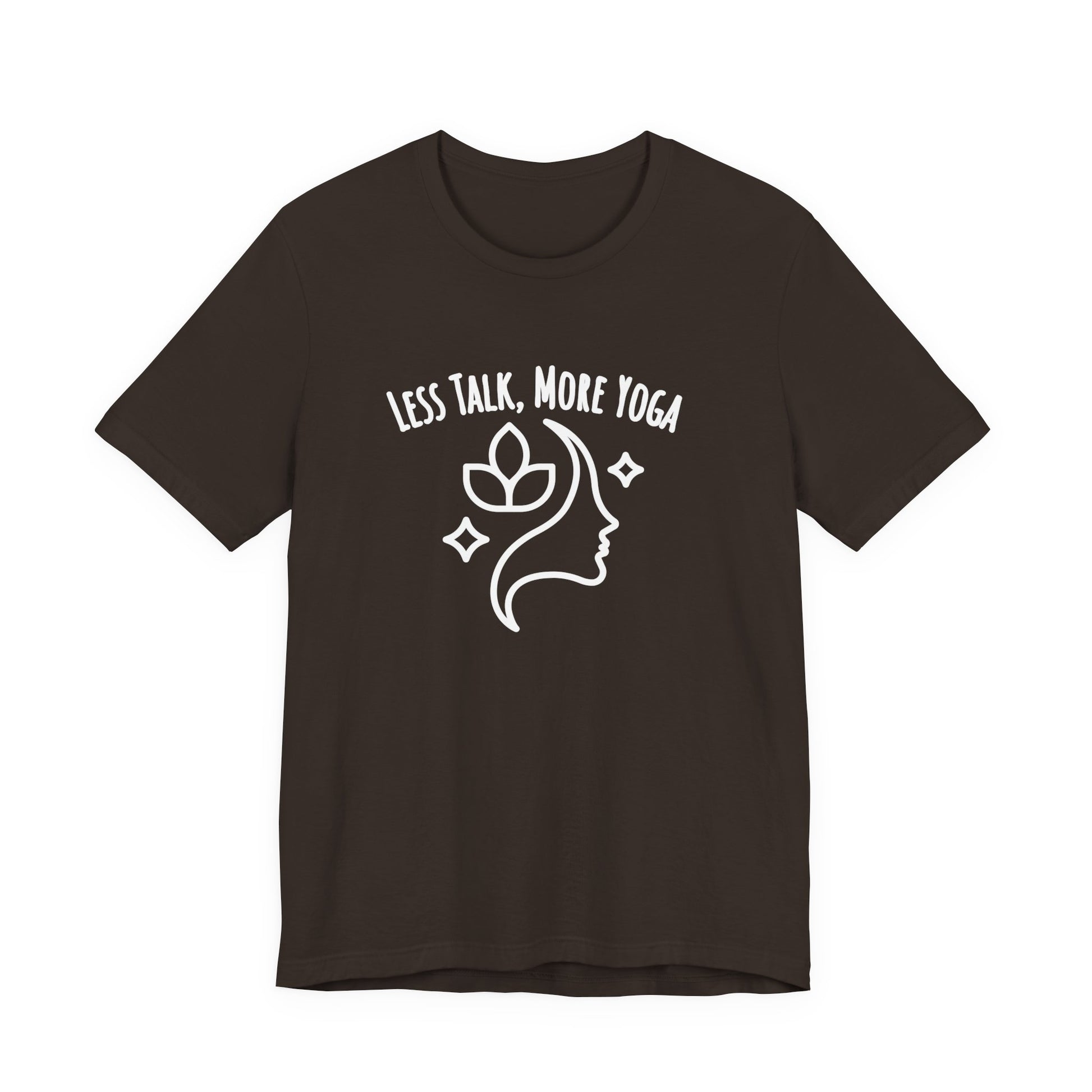Brrown t-shirt with white graphic and text 'LESS TALK, MORE YOGA' on a white background