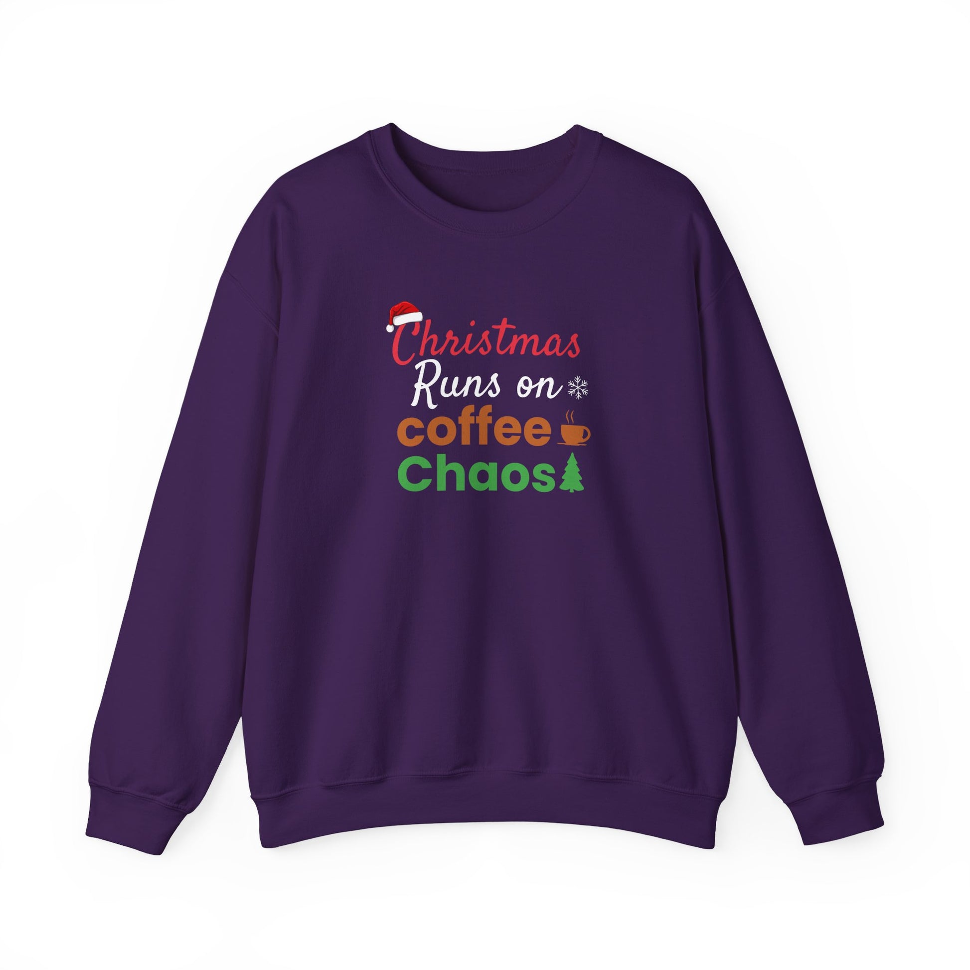 Purple sweatshirt with text 'Christmas Runs on Coffee & Chaos' on a white background