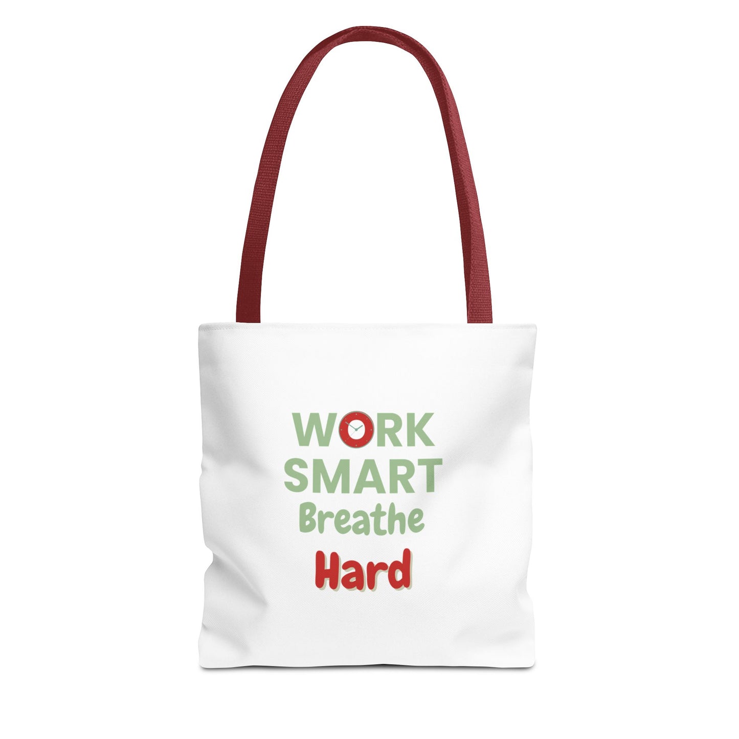 White tote bag with motivational text 'Work Smart Breathe Hard' on a white background - red handle