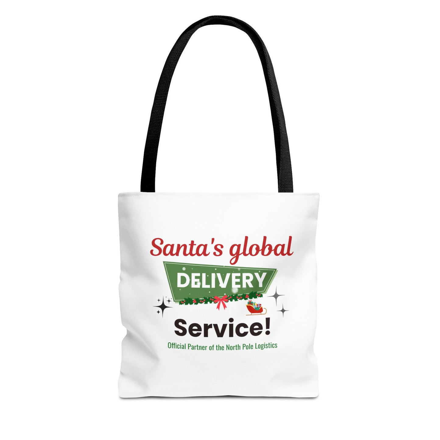 Tote bag with black handle and 'Santa's global delivery service' text on a white background