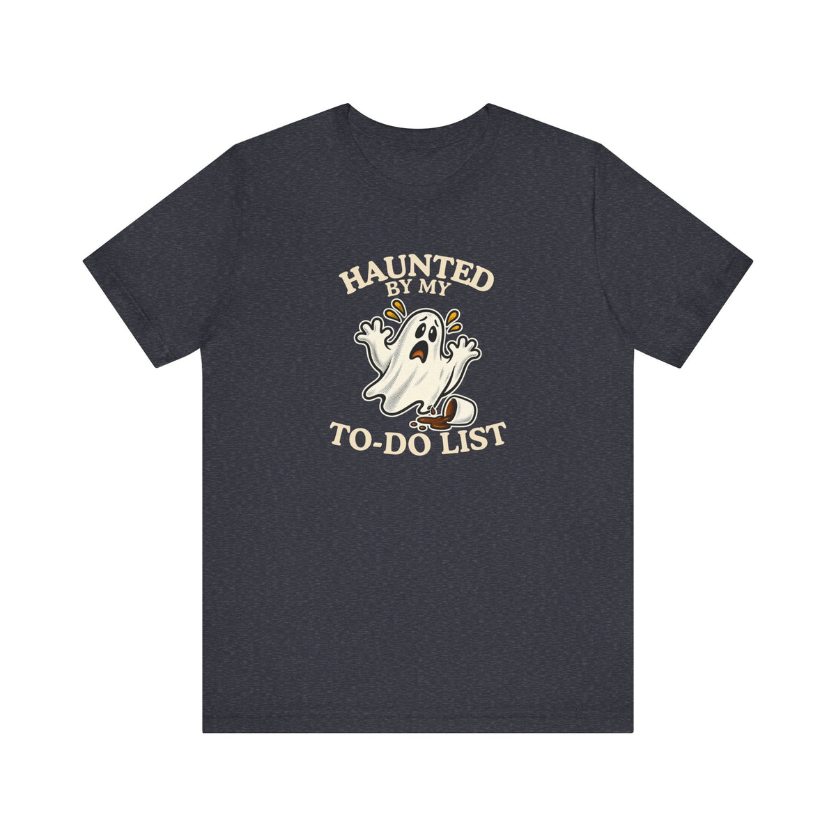 A heather navy t-shirt featuring a “Haunted by My To-Do List” funny ghost on a white background