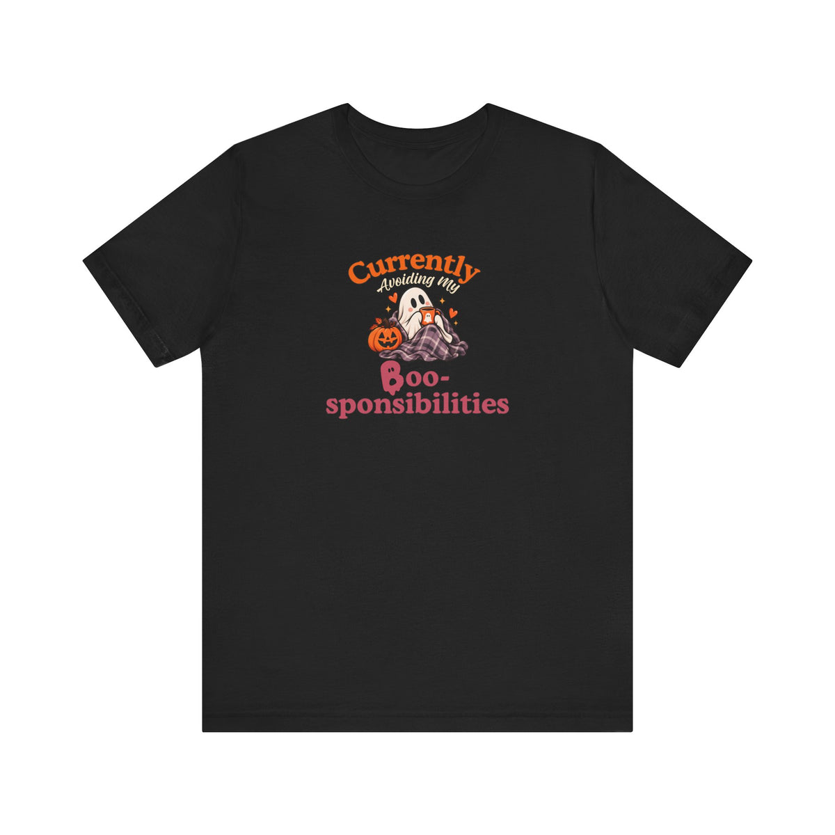 A black t-shirt featuring a 'Currently Avoiding My Boo-sponsibilities' graphic with a ghost and a pumpkin on the white background