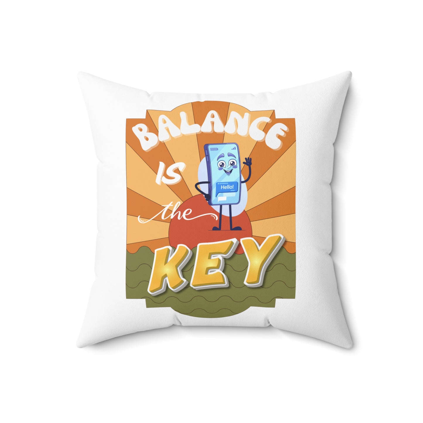 Decorative pillow with cartoon character and 'Balance is the Key' text on a white background