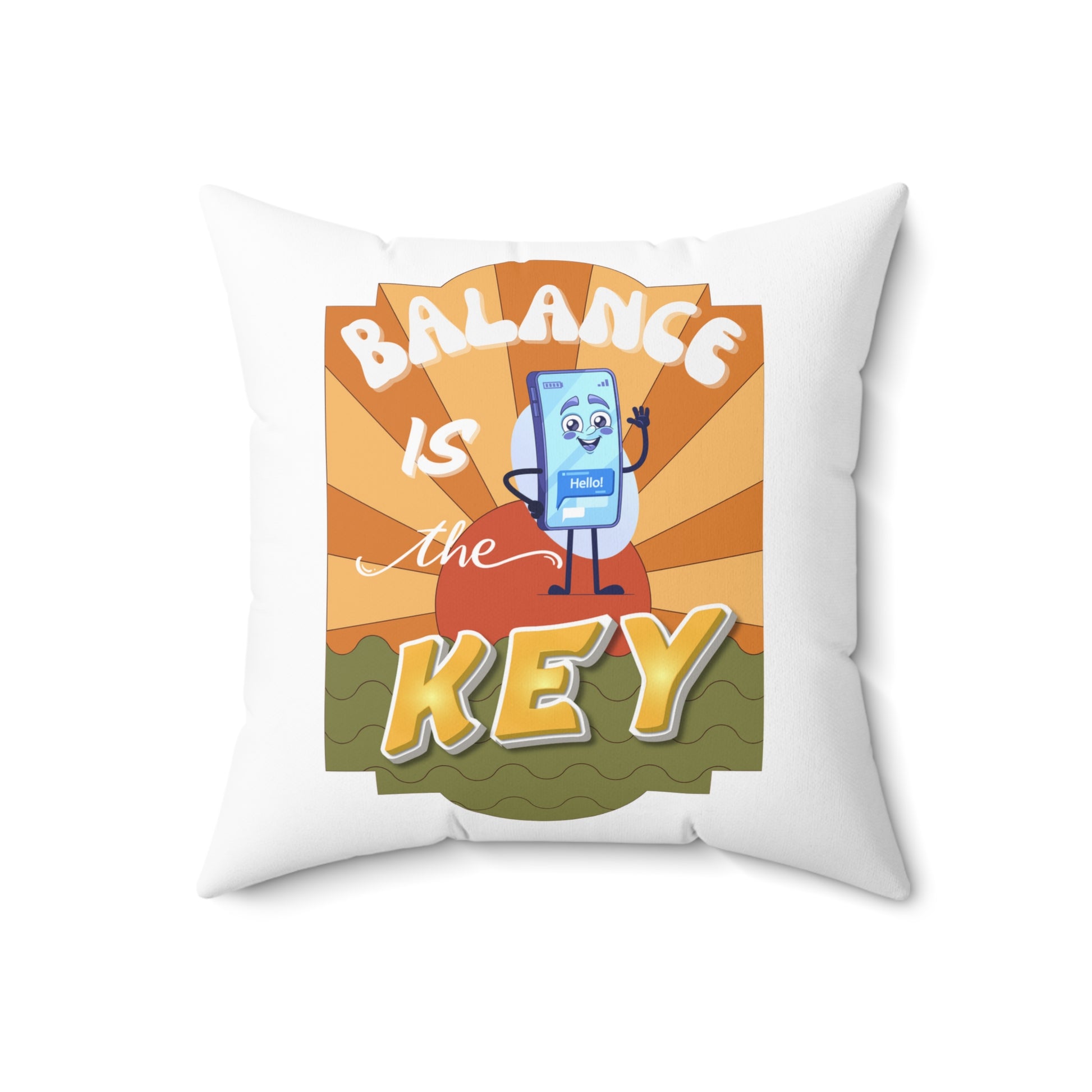 Decorative pillow with cartoon character and 'Balance is the Key' text on a white background