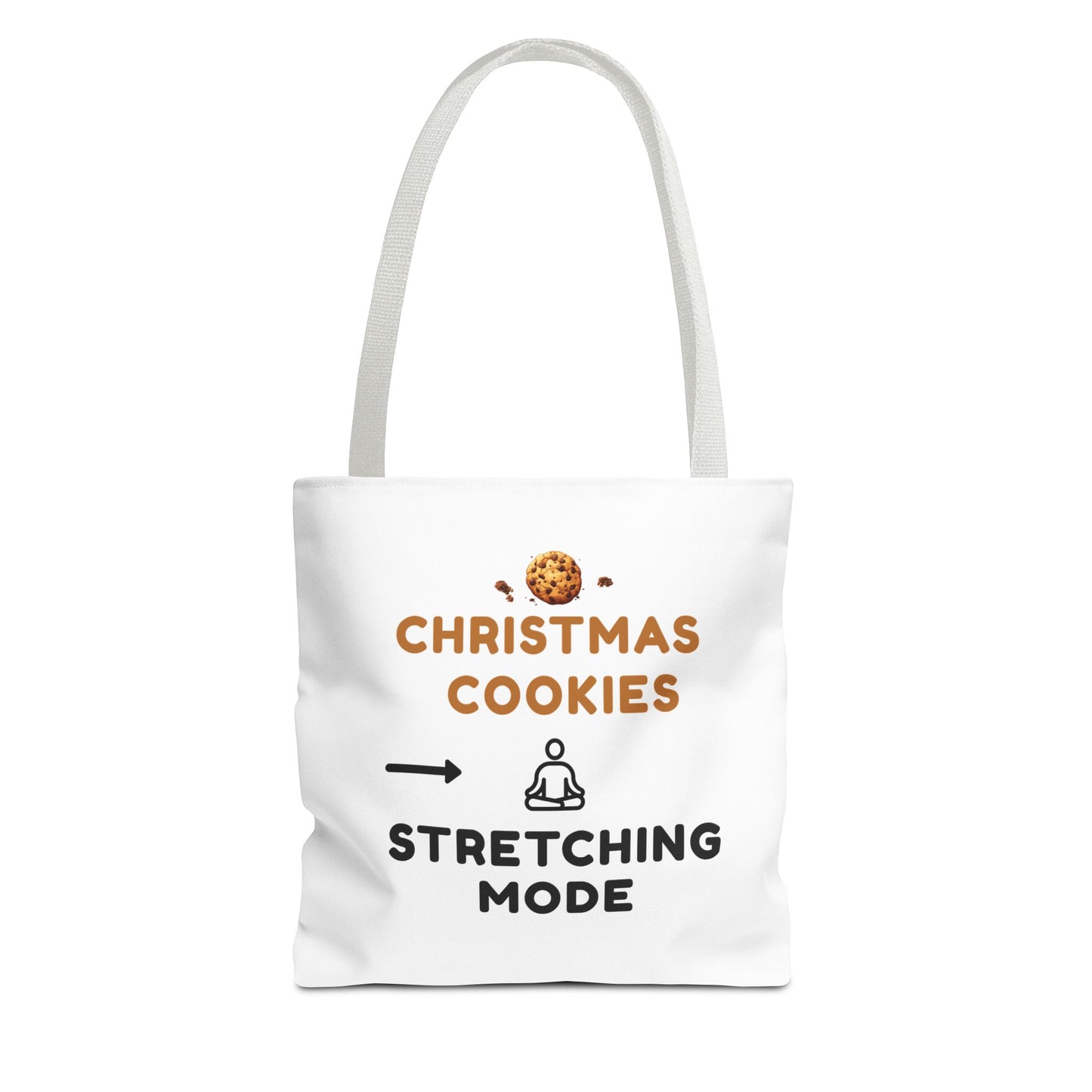 White tote bag with white handle and text 'Christmas Cookies, Stretching Mode' on a white background