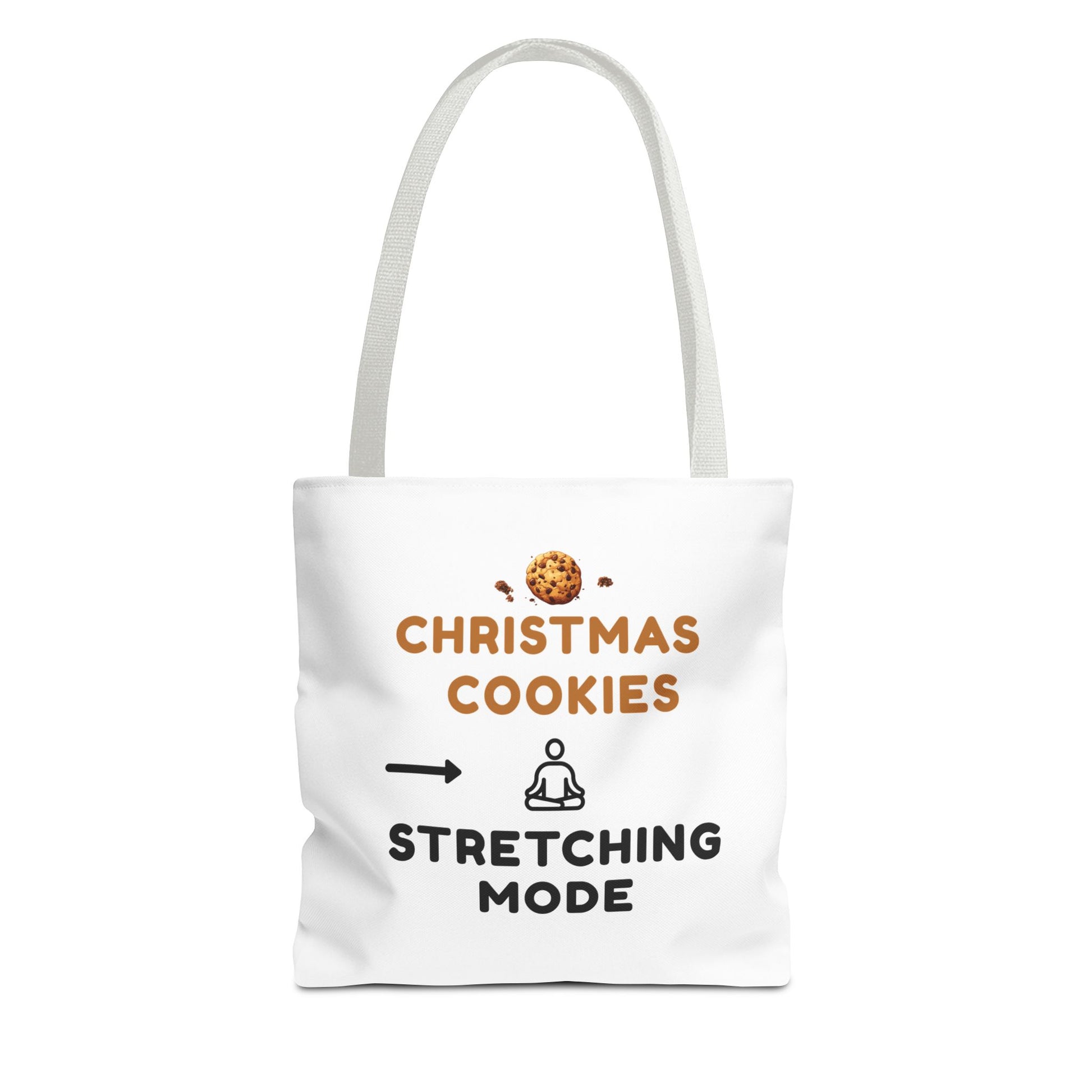 White tote bag with white handle and text 'Christmas Cookies, Stretching Mode' on a white background