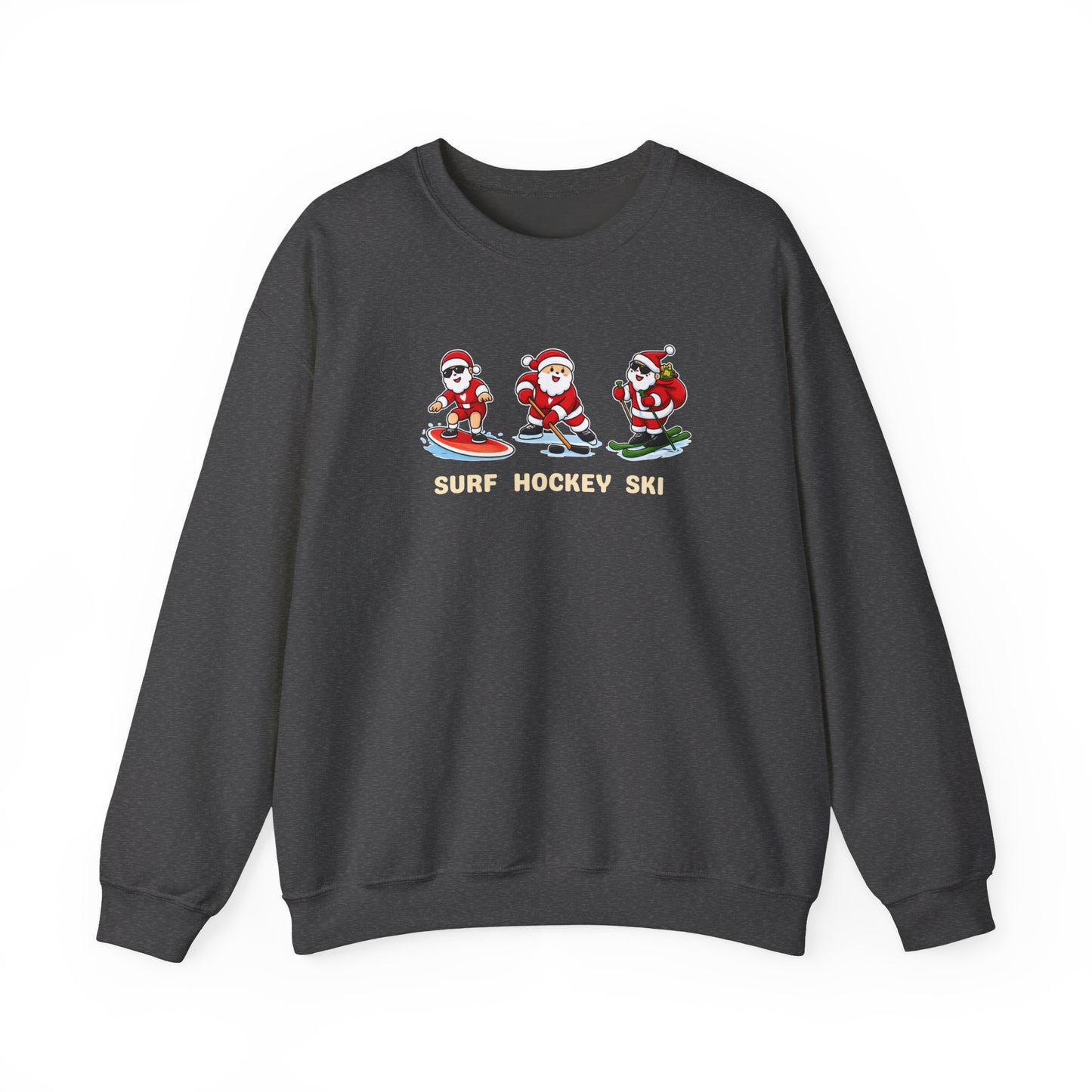 Dark gray sweatshirt with Santa Claus graphics and 'Surf Hockey Ski' text on a white background