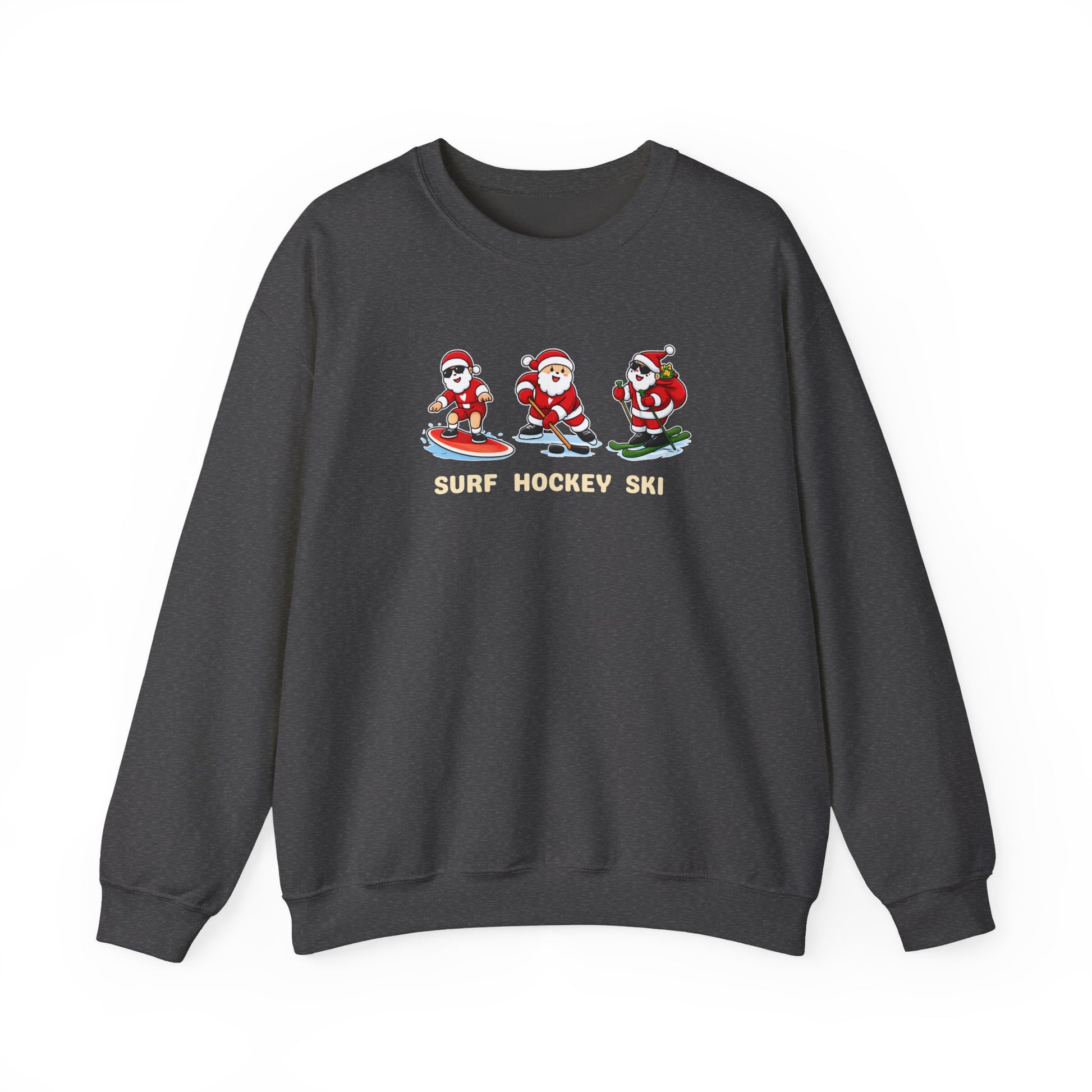 Dark gray sweatshirt with Santa Claus graphics and 'Surf Hockey Ski' text on a white background