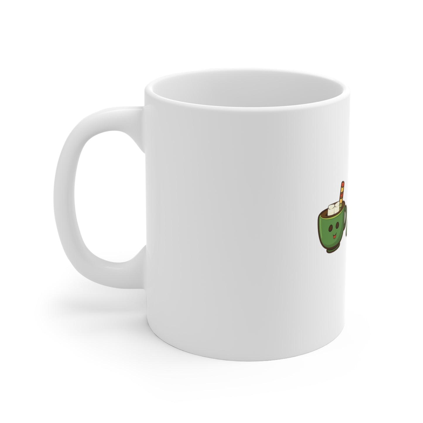 Left side of white mug with a green and brown design on a white background