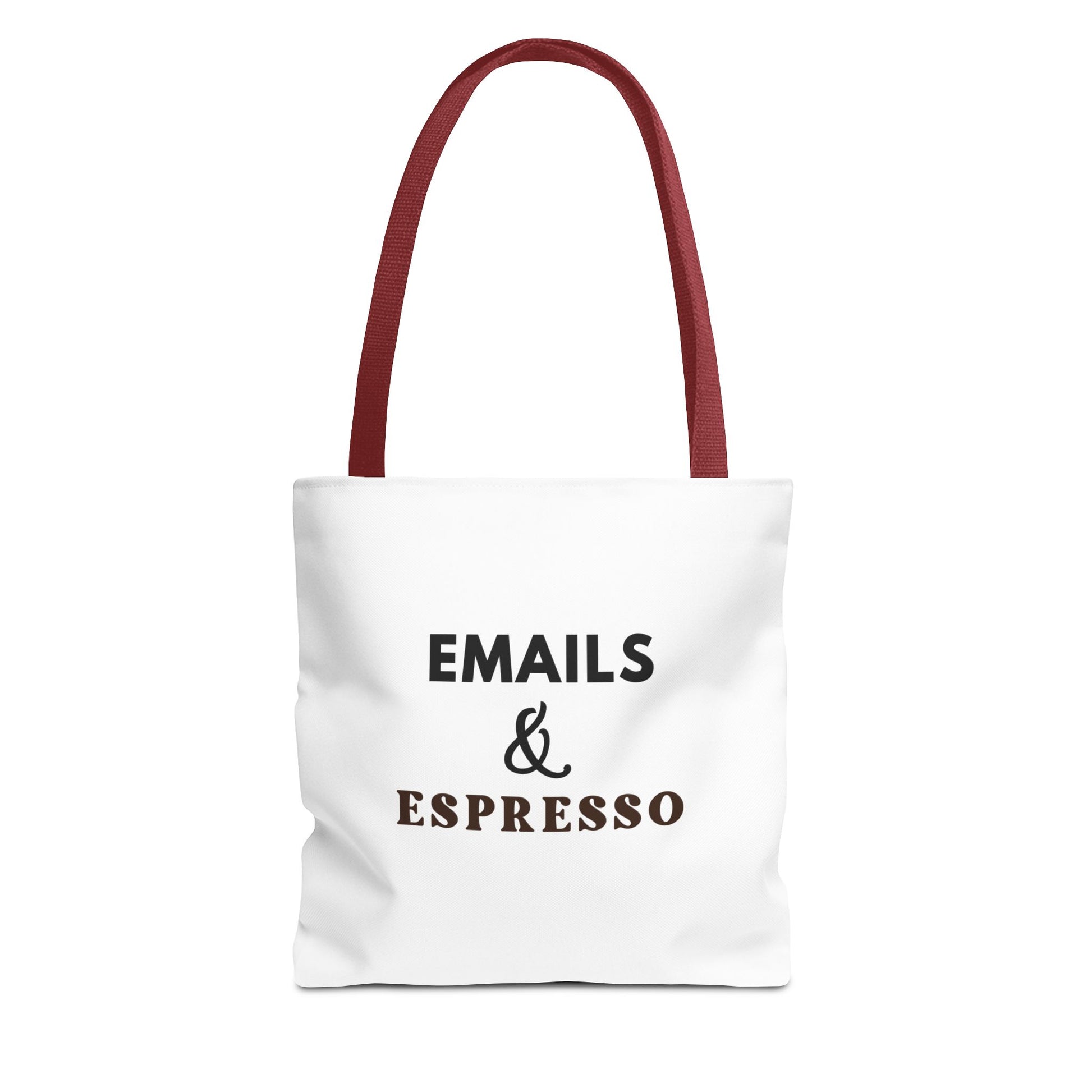 White tote bag with red handles and text 'EMAILS & ESPRESSO' on a white background