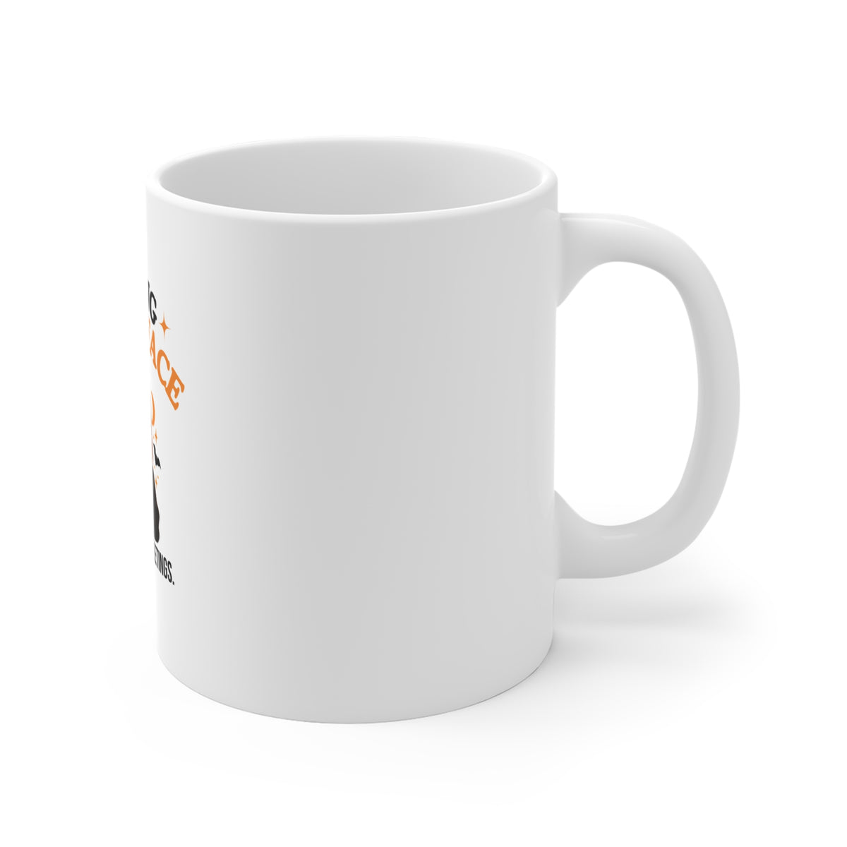 Right side of a white ceramic mug with a Halloween-themed graphic that reads 'Resting Witch Face. Activated by Meetings.' 
