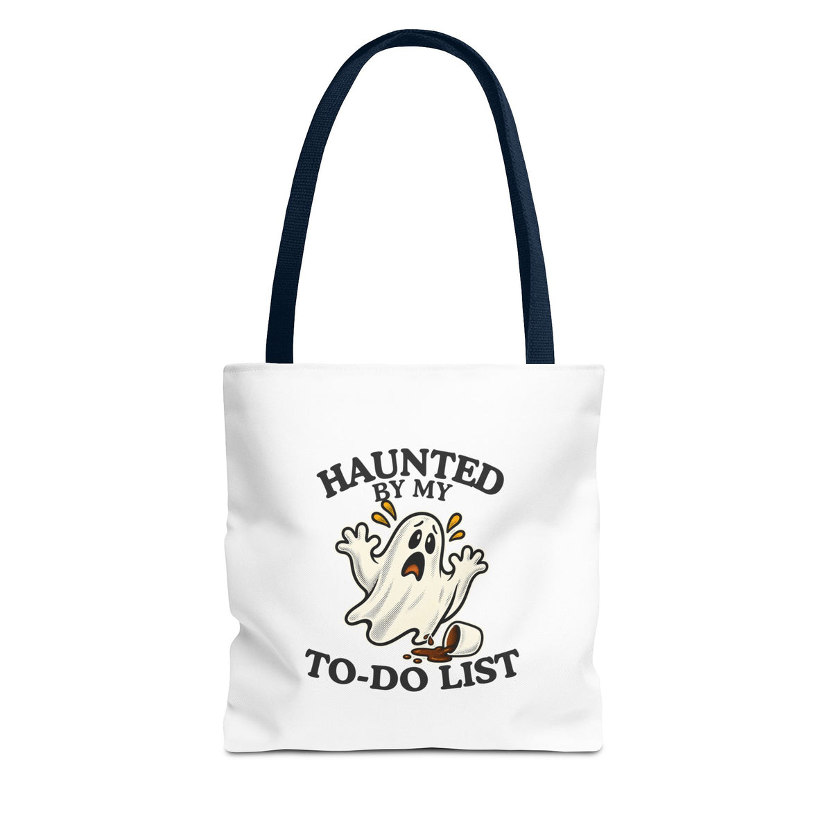 A white tote bag with navy handles featuring a “Haunted by My To-Do List” funny ghost