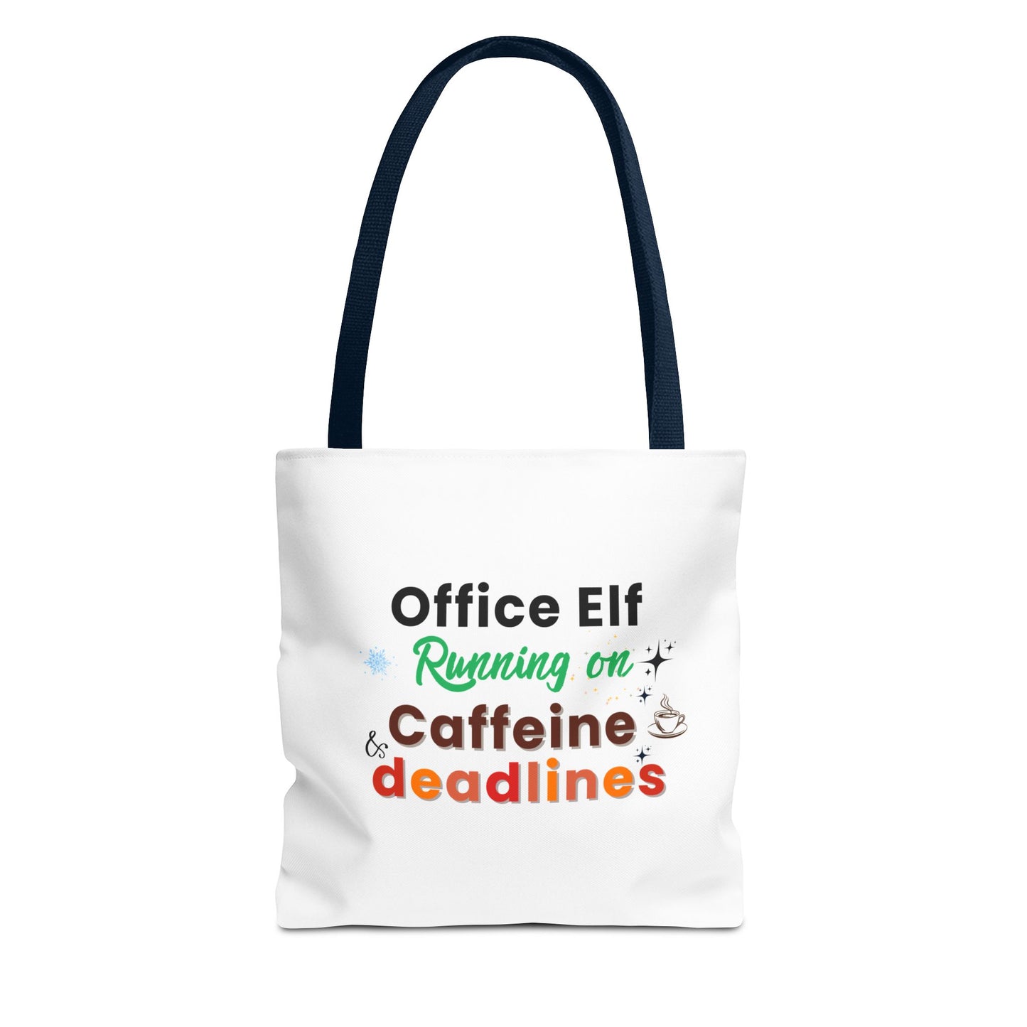 Tote bag with navy handle and text 'Office Elf Running on Caffeine & Deadlines' on a white background