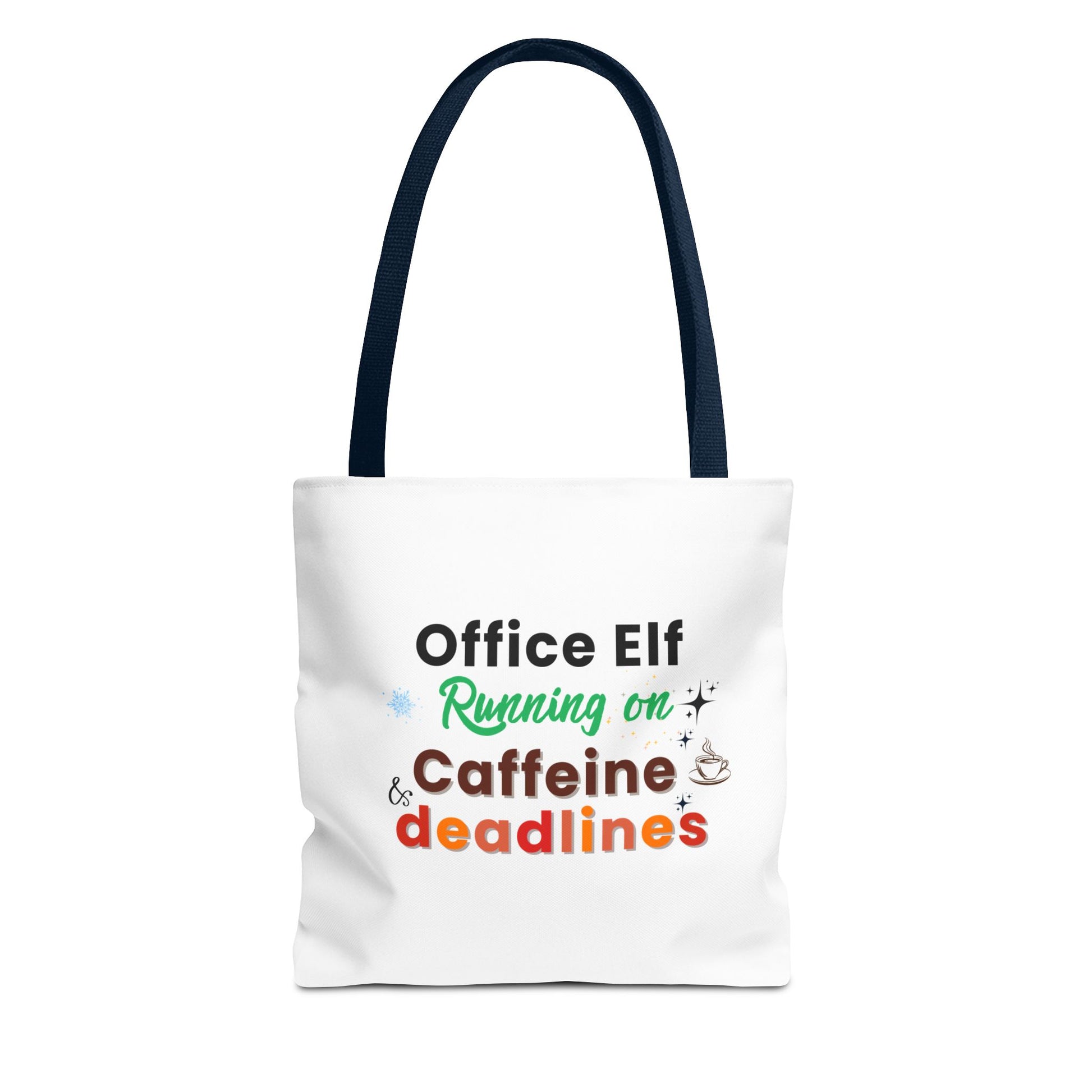 Tote bag with navy handle and text 'Office Elf Running on Caffeine & Deadlines' on a white background