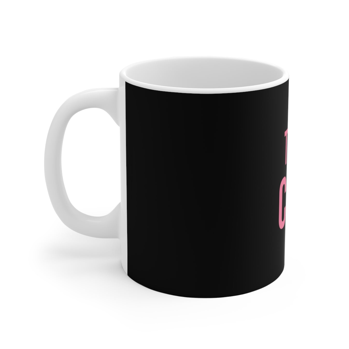 Left side view of black mug with a white handle on a white background