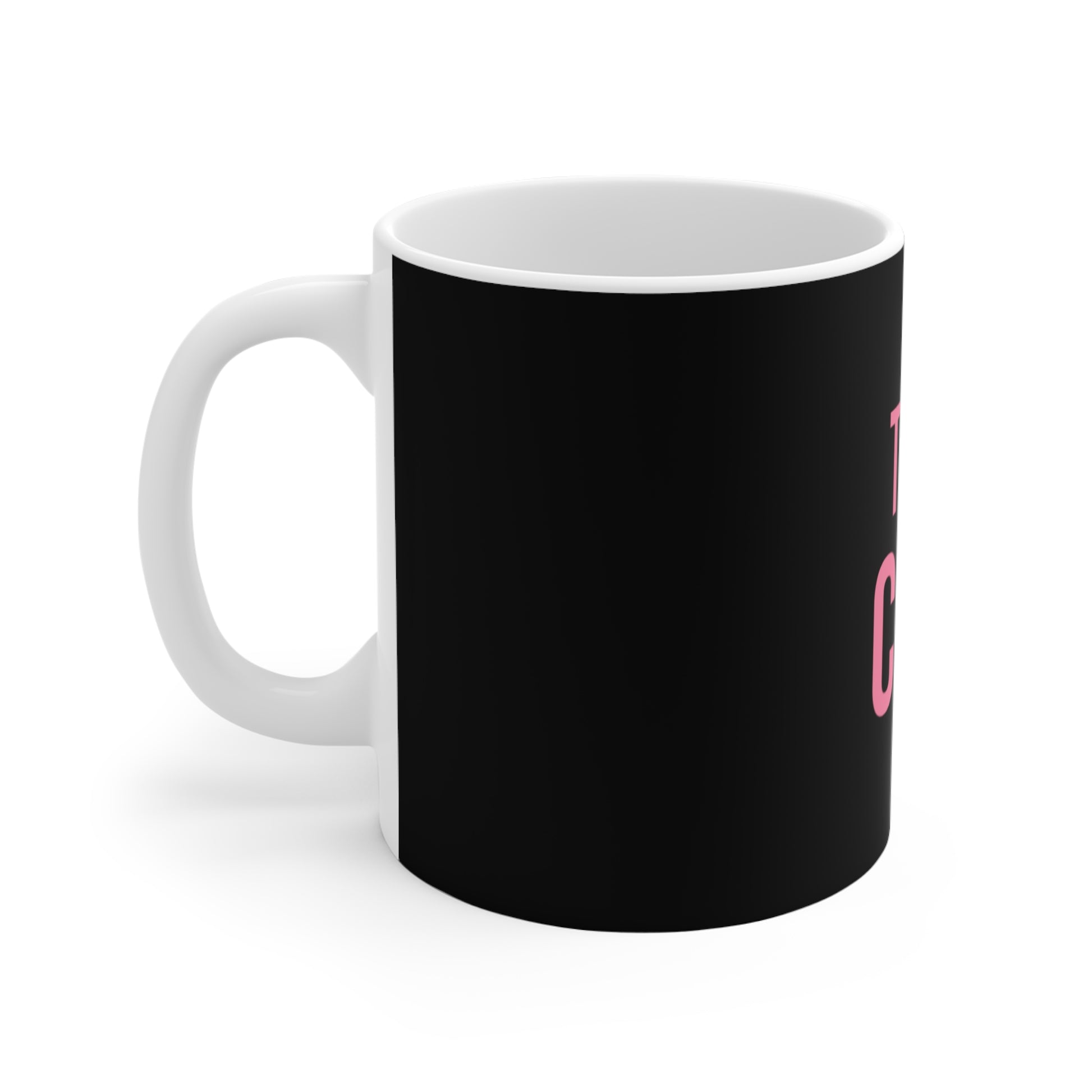 Left side view of black mug with a white handle on a white background