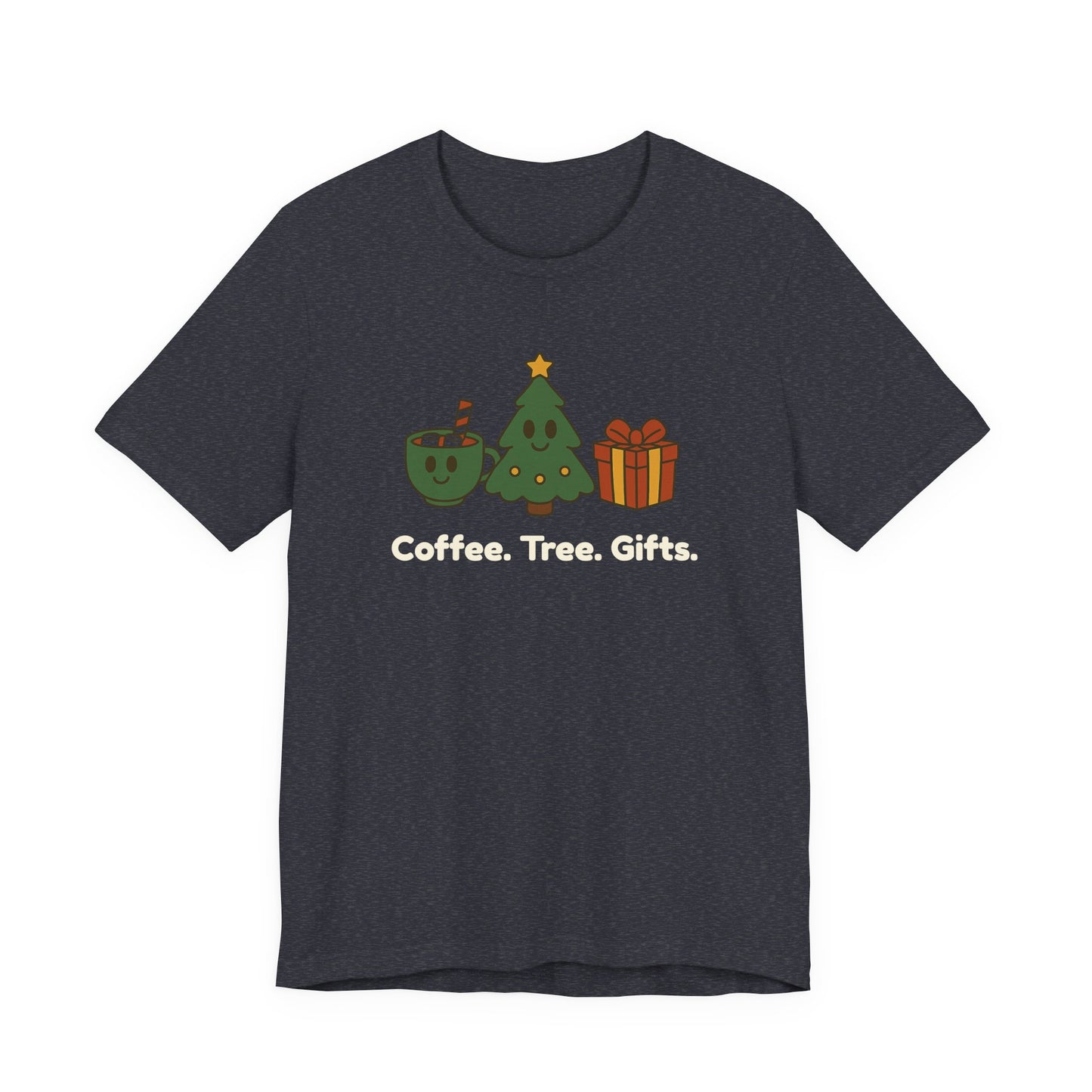 Heather navy t-shirt with a graphic of a coffee cup, Christmas tree, and gift box on a white background